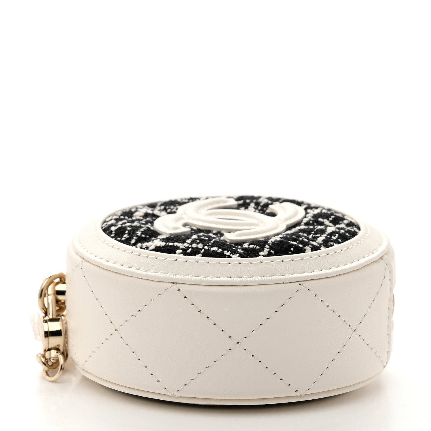 Tweed Quilted Round Filigree Pouch With Chain White Black