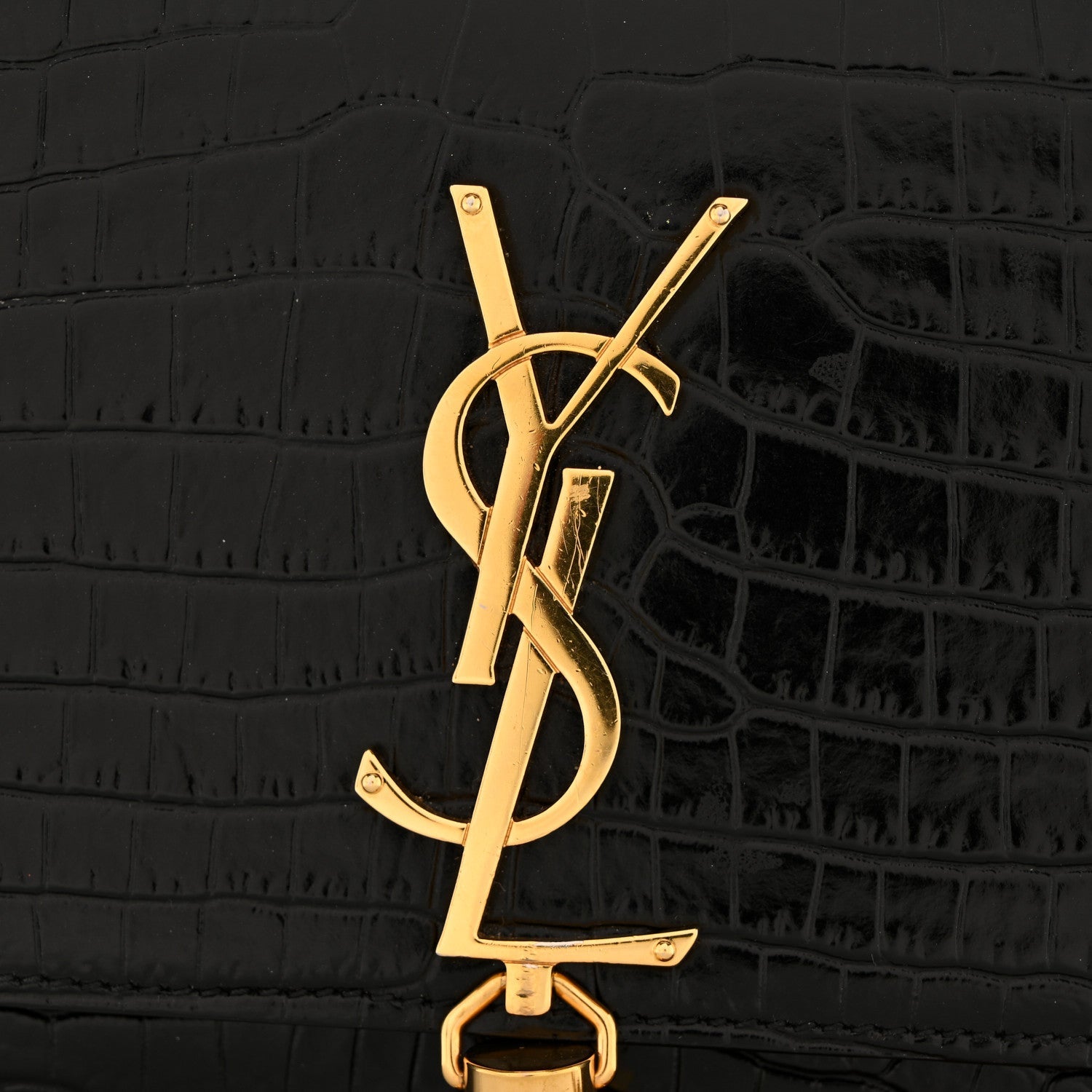Calfskin Crocodile Embossed Small Classic Monogram Kate Tassel Satchel Black