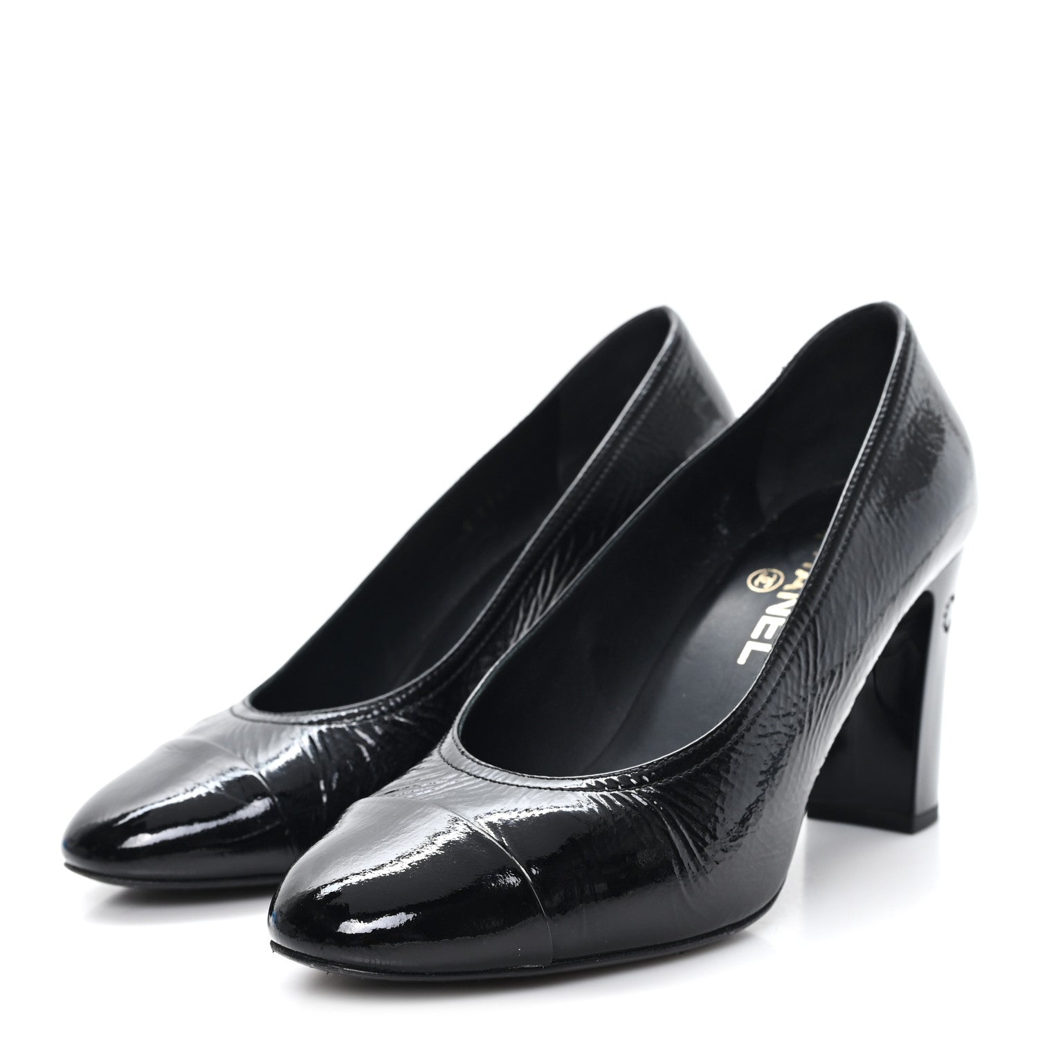 Crumpled Goatskin Patent Calfskin Crystal Cap Toe Logo Pumps 39 Black