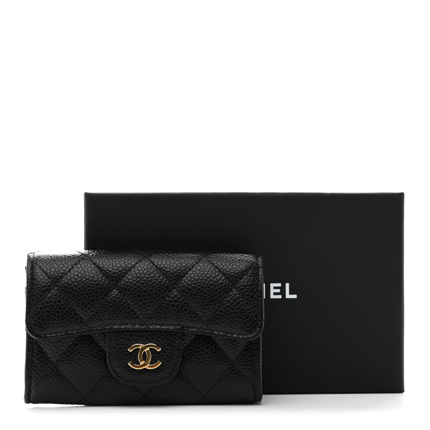 Caviar Quilted Flap Card Holder Wallet Black