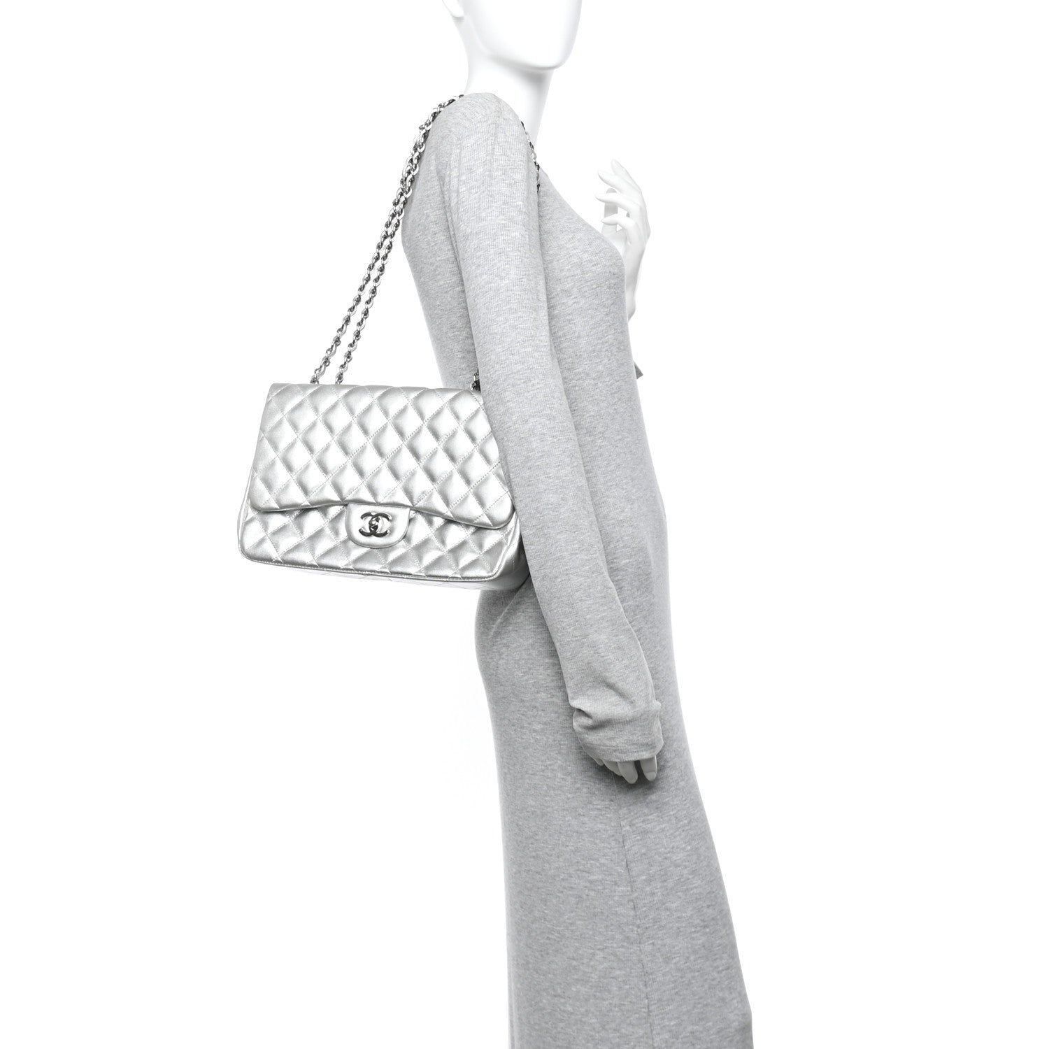 Metallic Lambskin Quilted Jumbo Single Flap Silver