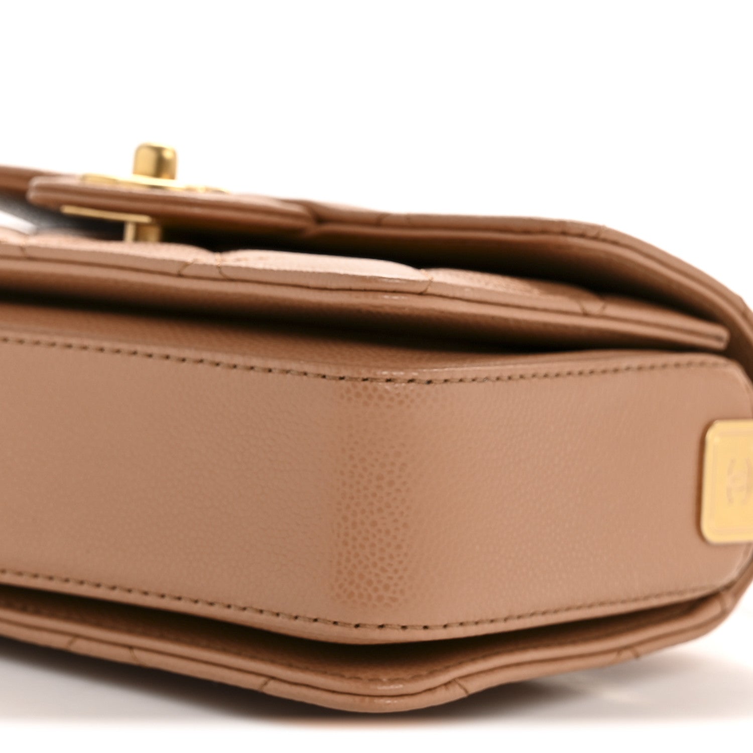 Shiny Caviar Quilted Mini Top Handle Flap Bag Camel