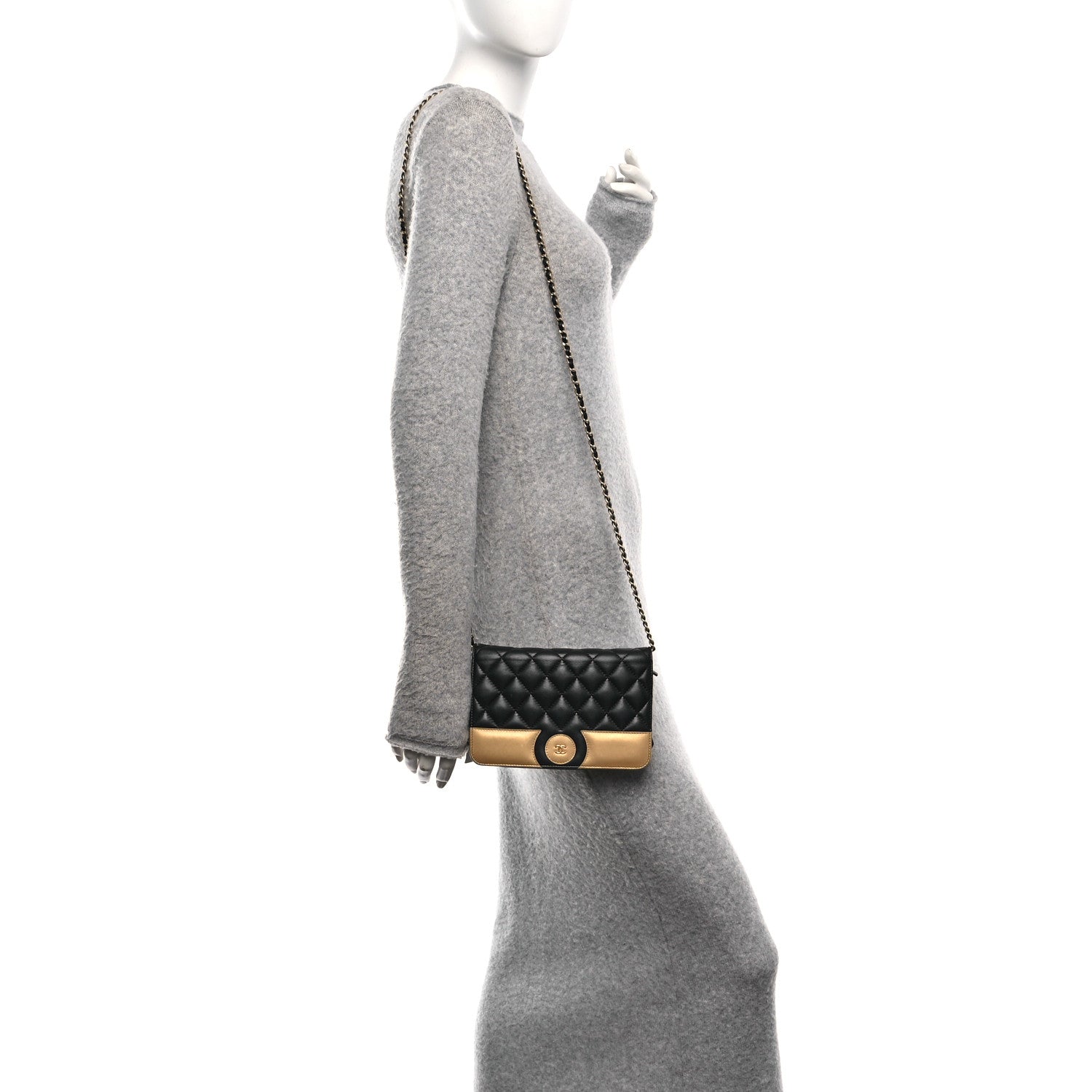 Lambskin Quilted Wallet On Chain WOC Black Gold