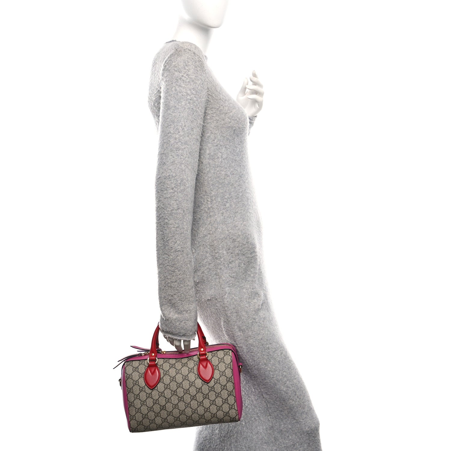 GG Supreme Monogram Moon Calfskin Small Boston Beige Ebony Hibiscus Red New Rosette