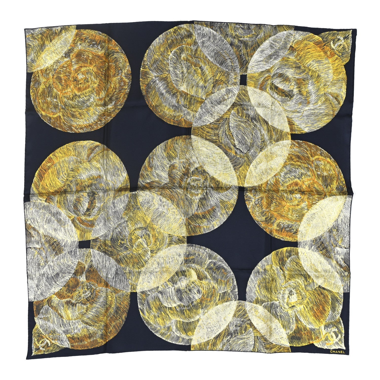 Silk Camellia Moons Scarf Navy Yellow