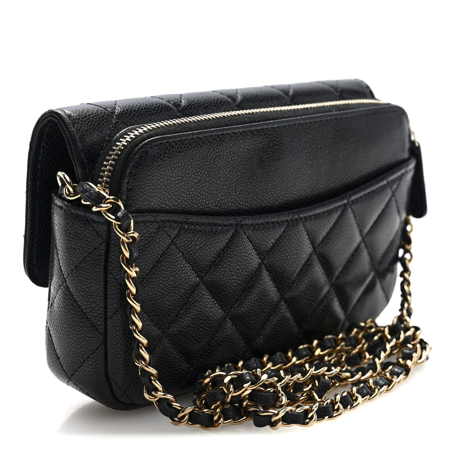 Caviar Quilted Flap Phone Holder With Chain Black