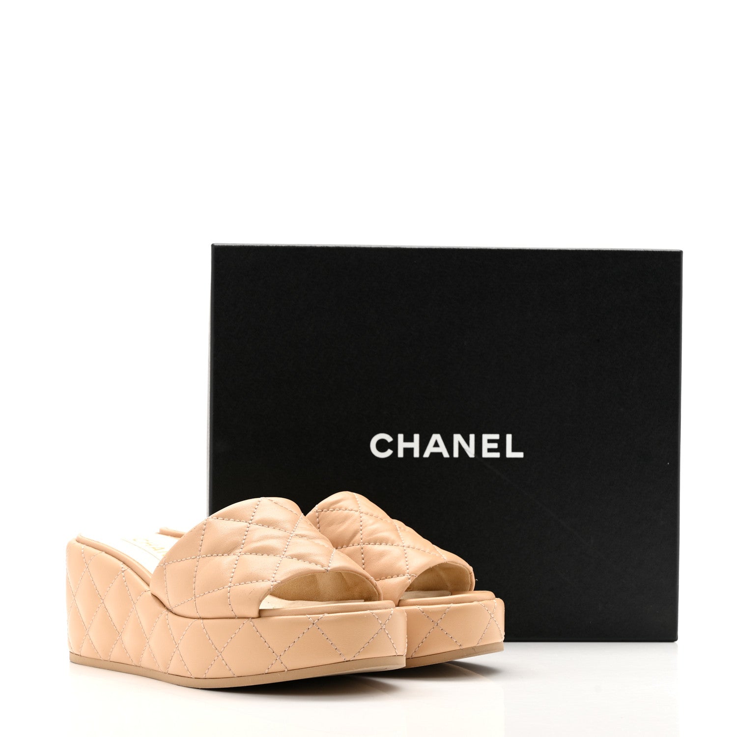 Lambskin Quilted Camelia CC Wedge Sandal Mules 38 Beige