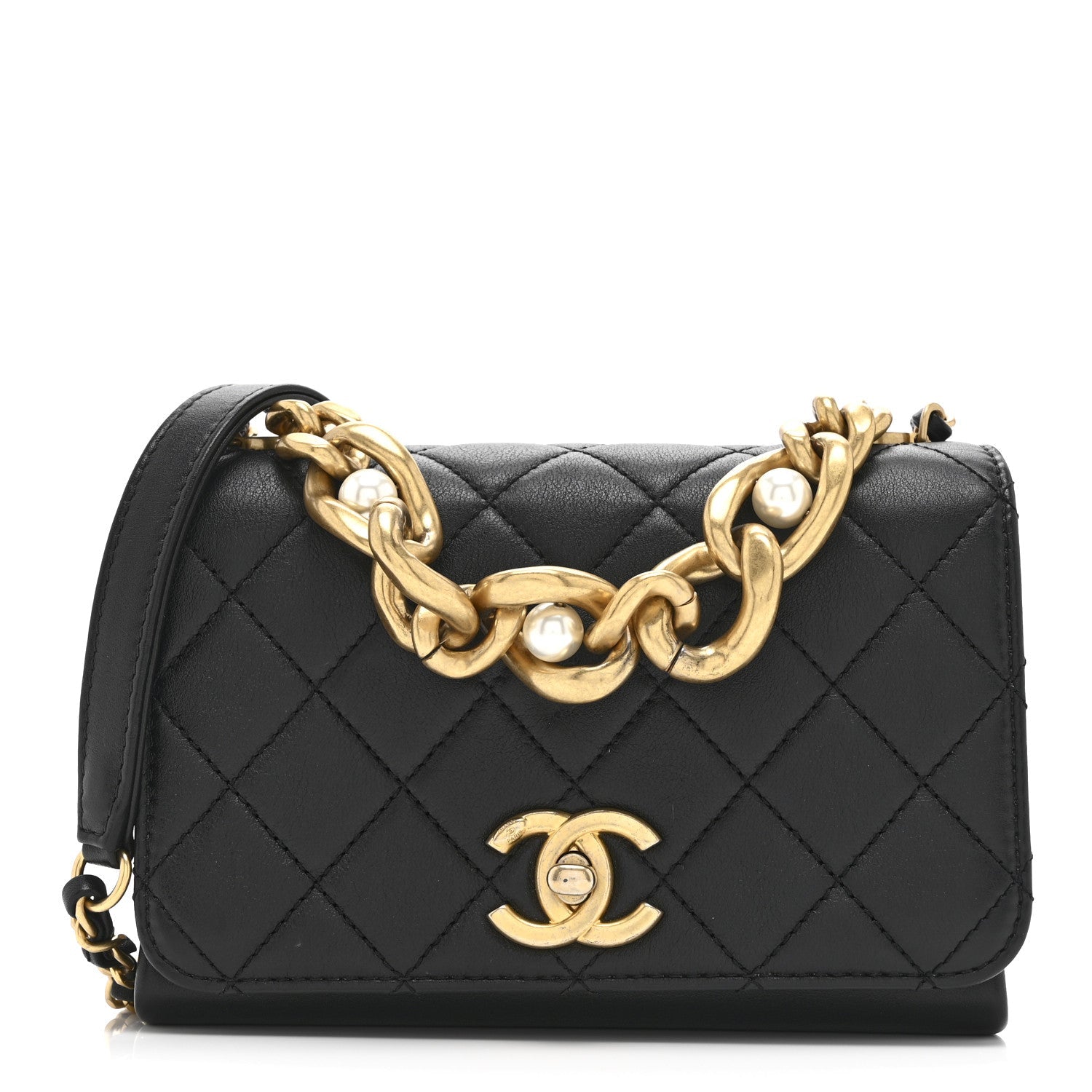 Calfskin Quilted Pearl Jewel Chain Flap Black