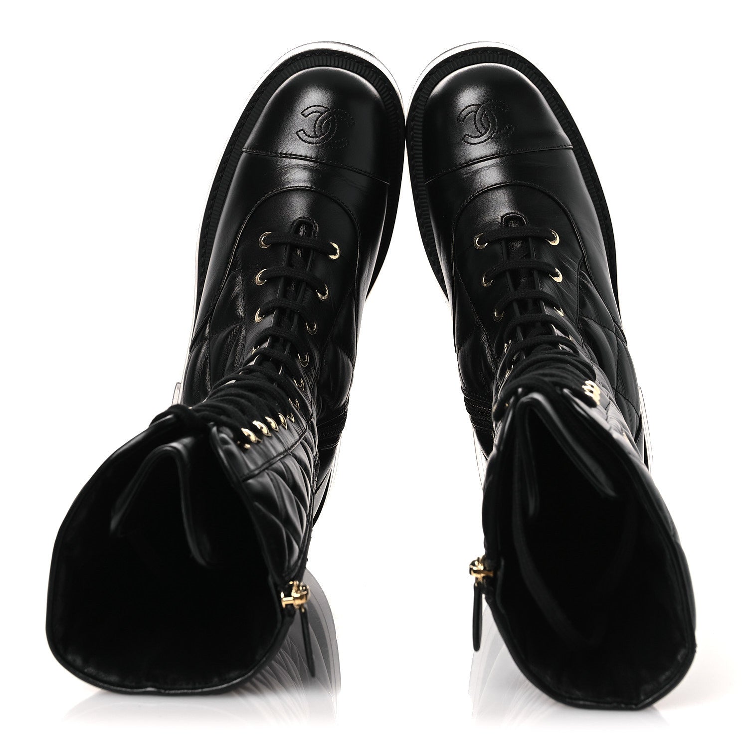 Calfskin Quilted Logo Lace Up Tall Combat Boots 39 Black