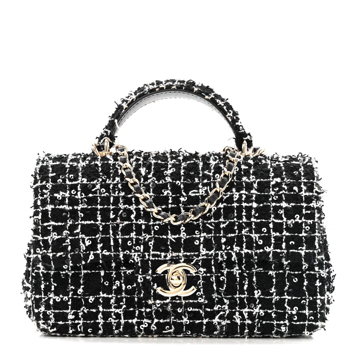 Tweed Quilted Mini Top Handle Rectangular Flap Black White