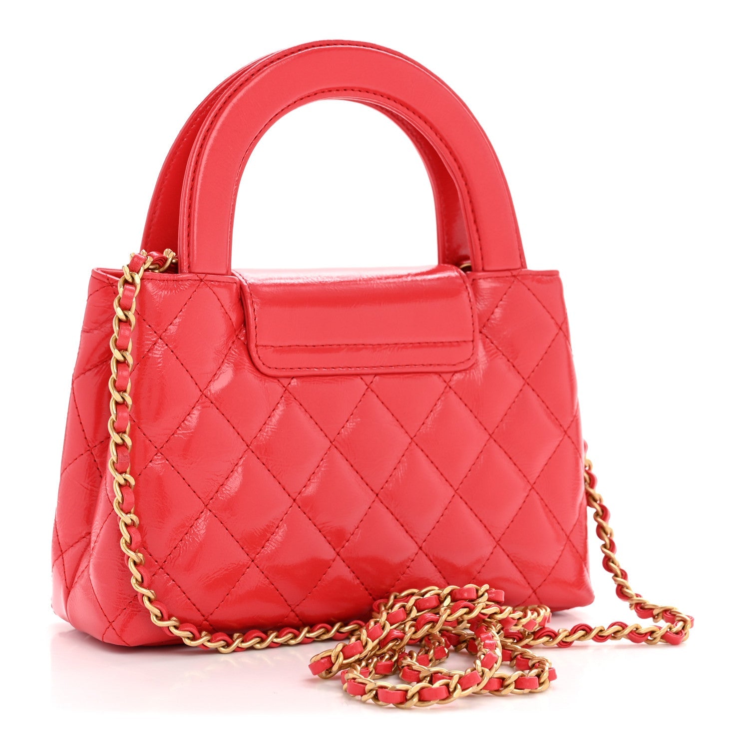Shiny Aged Calfskin Quilted Nano Kelly Shopper Red