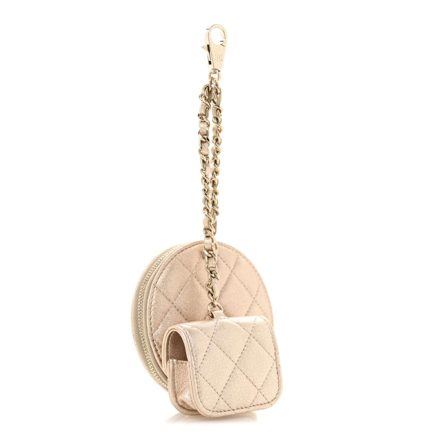 Metallic Lambskin Quilted Round Clip On Coin Purse Airpods Case Gold