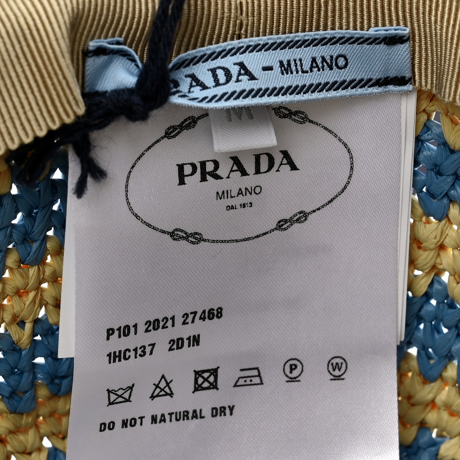 Raffia Striped Logo Embroidered Womens Bucket Hat M Naturale Cielo