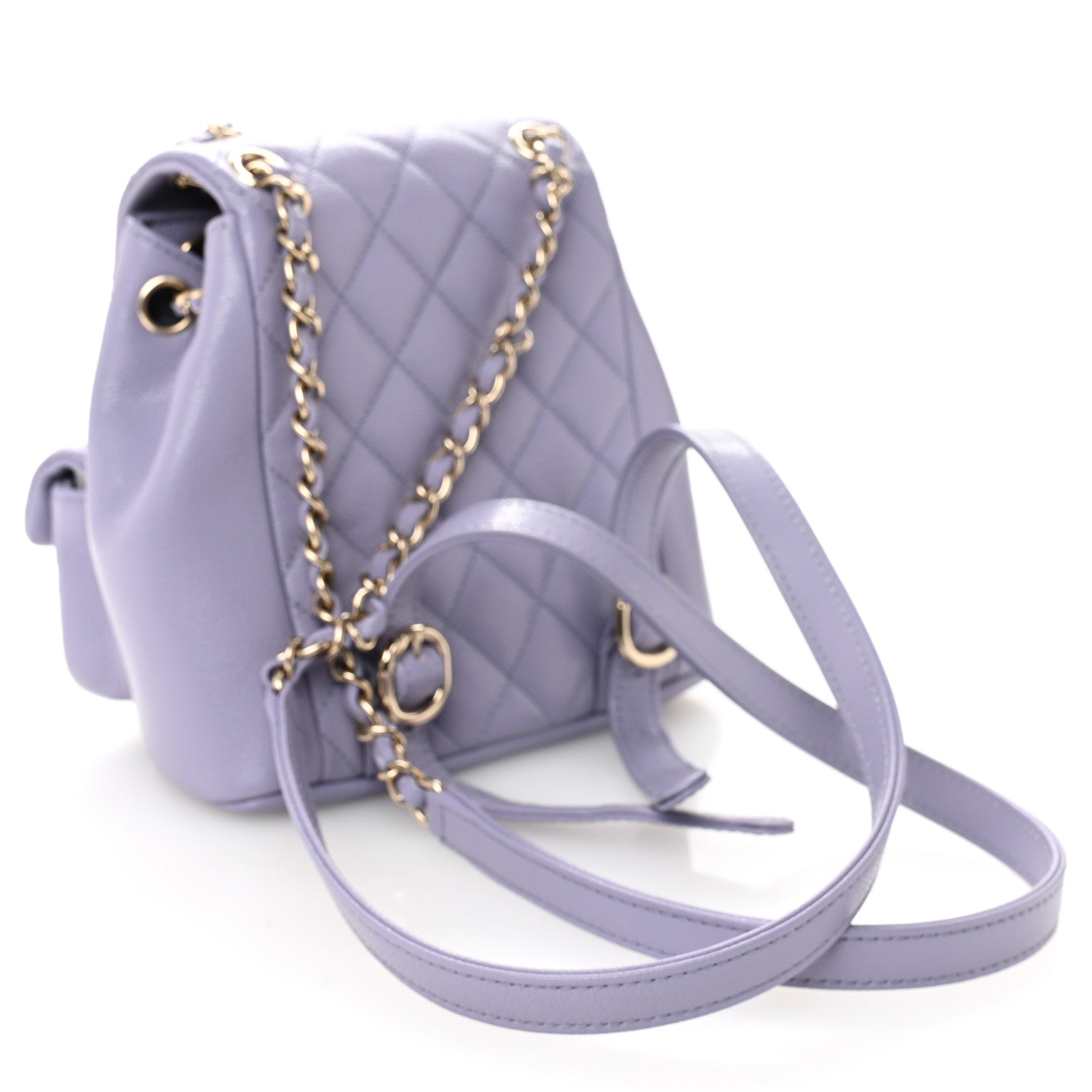 Shiny Caviar Quilted Small Duma Pockets Drawstring Backpack Light Purple