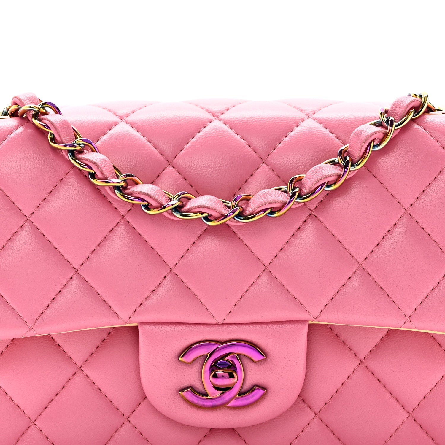 Lambskin Quilted Mini Rectangular Flap Pink Yellow