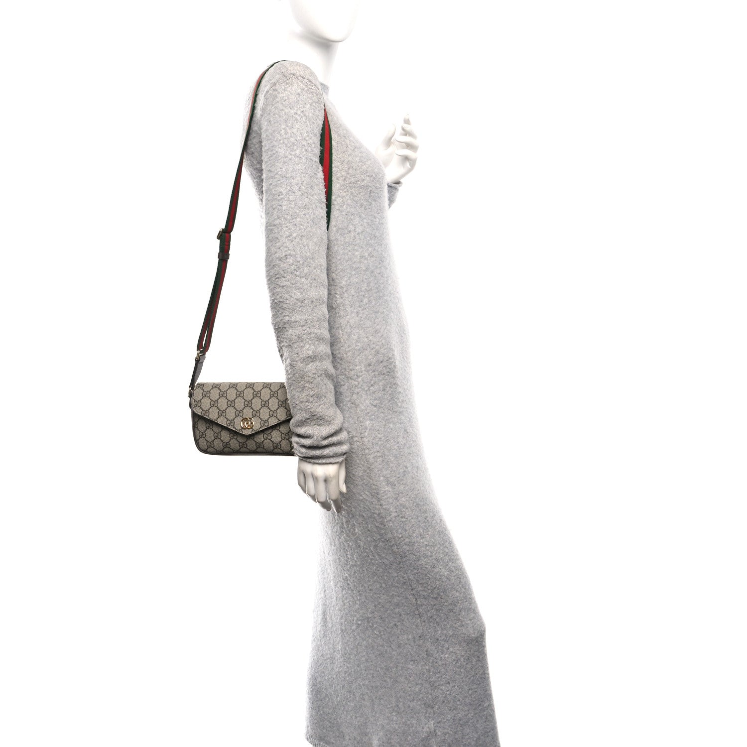 GG Supreme Monogram Textured Dollar Calfskin Web Mini Ophidia Envelope Shoulder Bag Beige Ebony New Acero