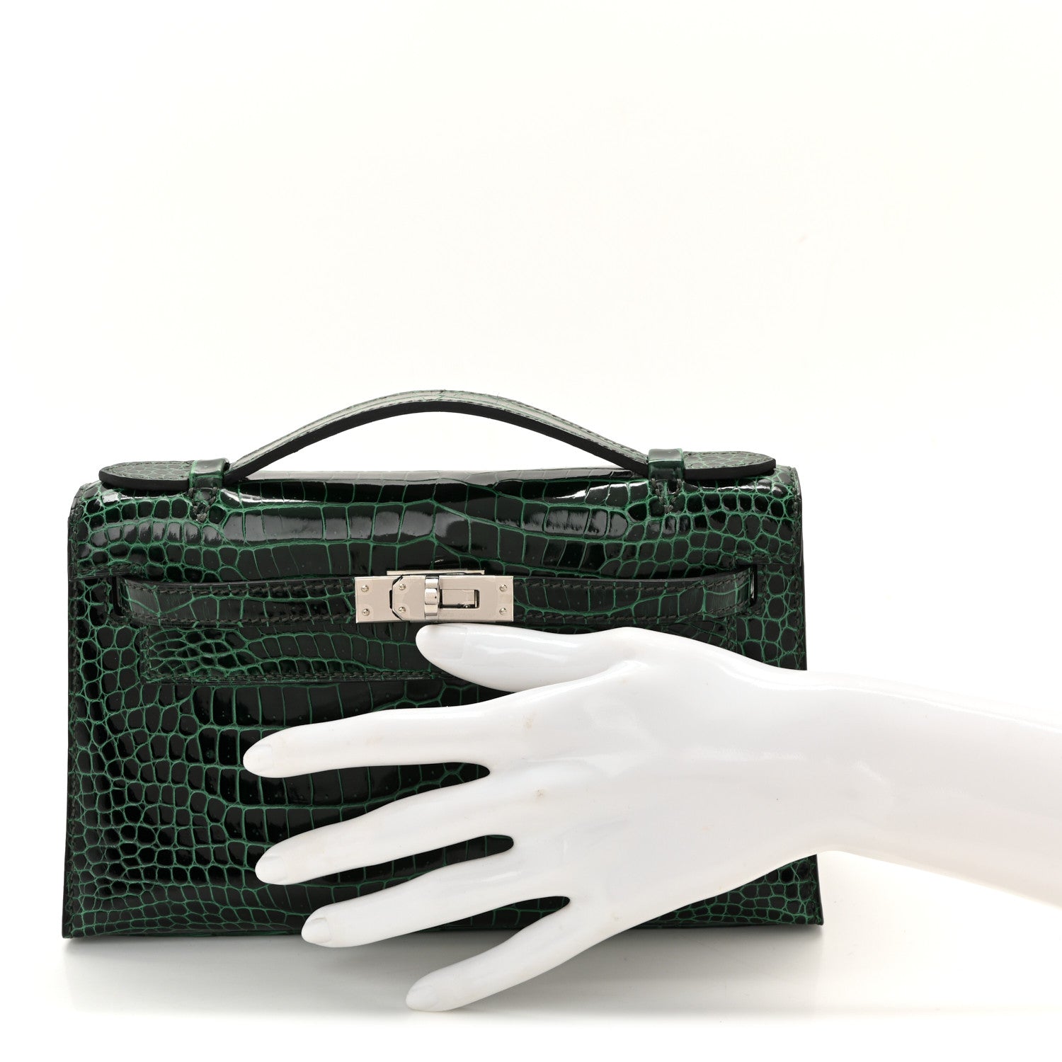 Shiny Porosus Crocodile Kelly Pochette Vert Cypress