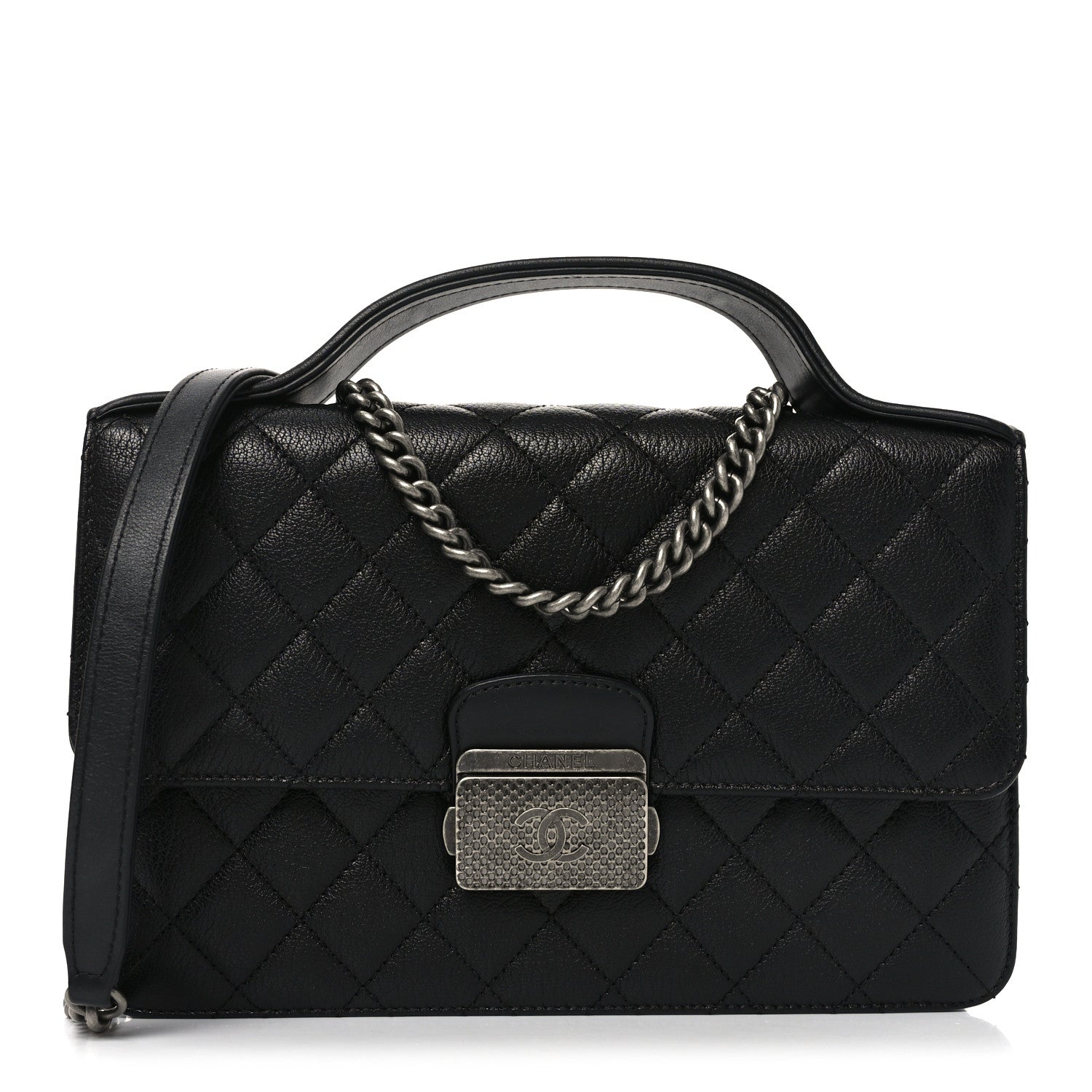 Goatskin Quilted Small CC University Top Handle Flap Black