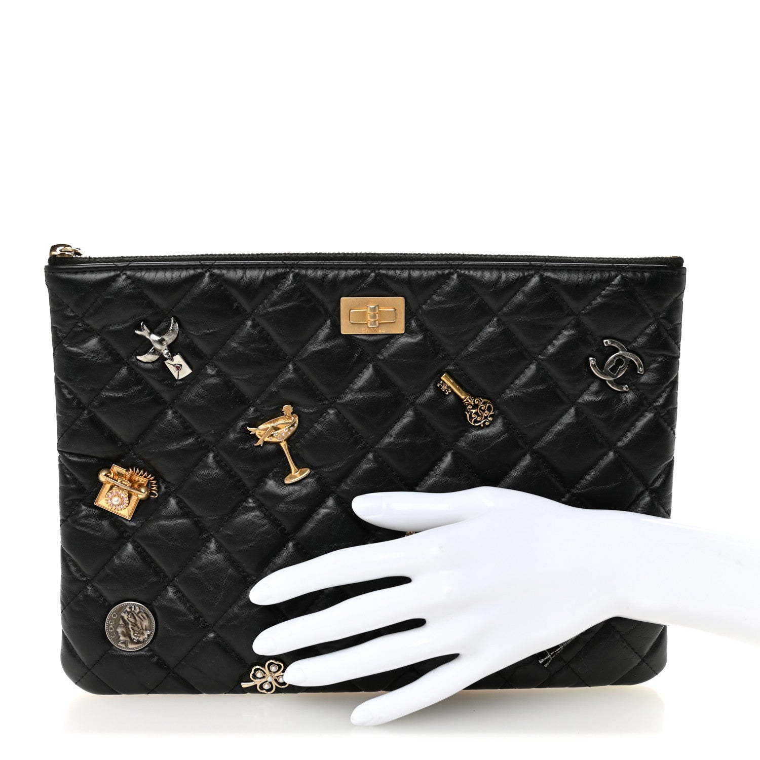 Aged Calfskin Quilted Medium Lucky Charms Cosmetic Case Black