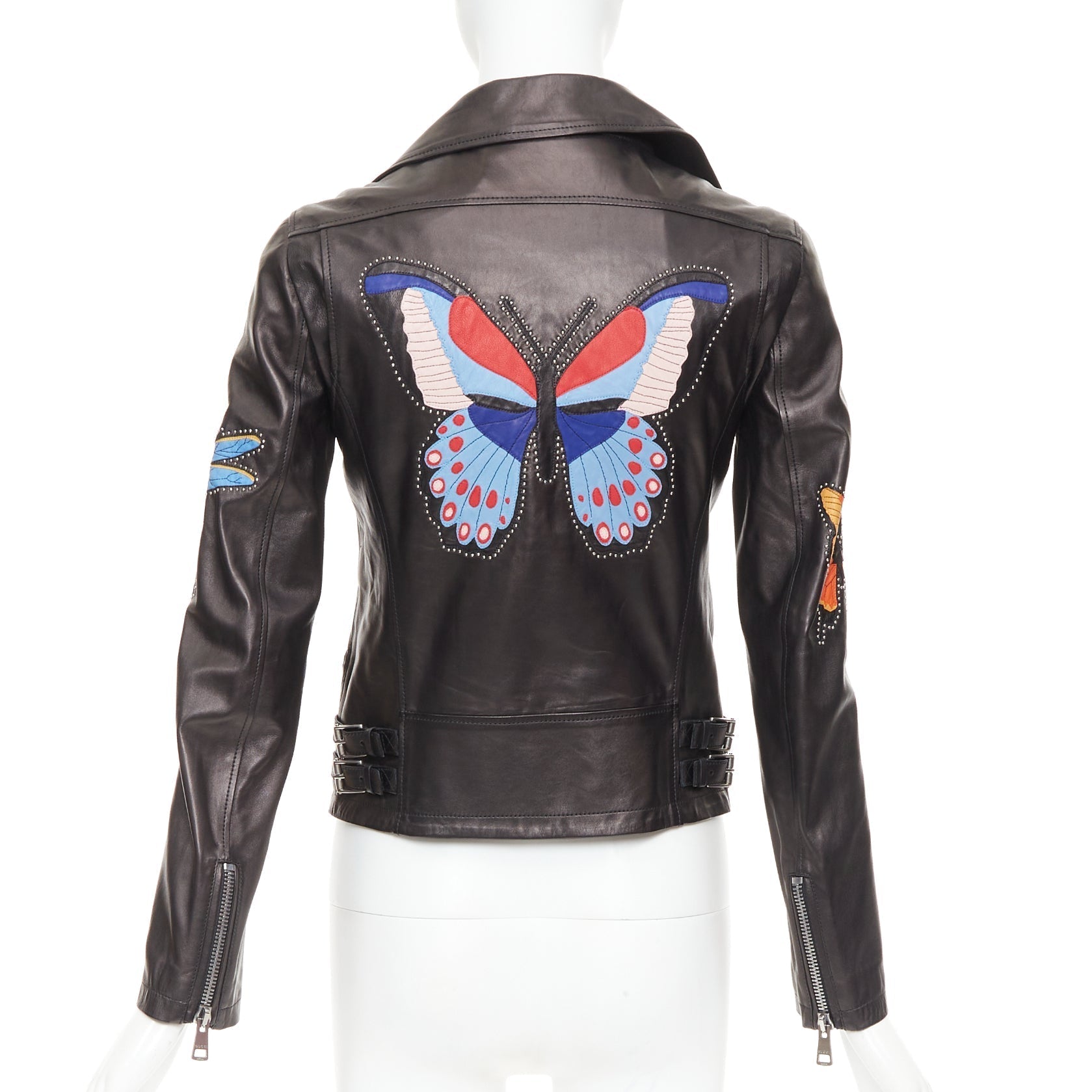 Women's Gucci Michele leather bird butterfly applique studded biker jacket