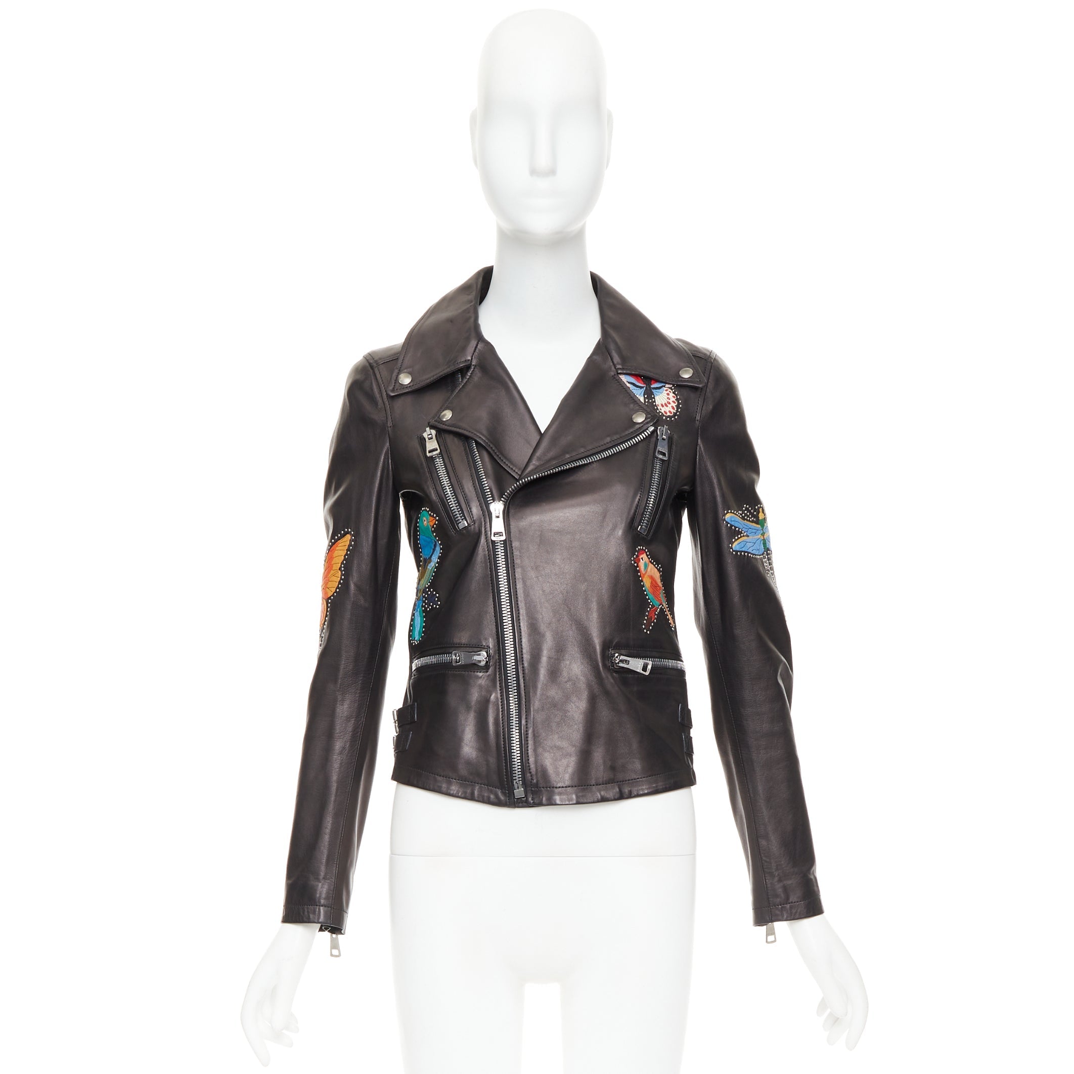 Women's Gucci Michele leather bird butterfly applique studded biker jacket