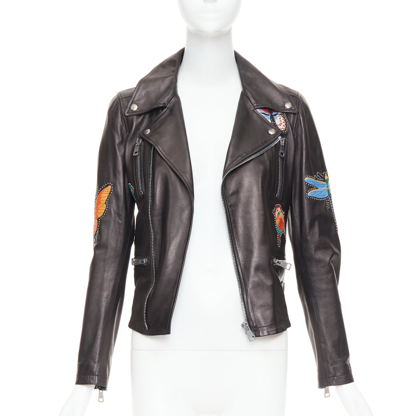 Women's Gucci Michele leather bird butterfly applique studded biker jacket