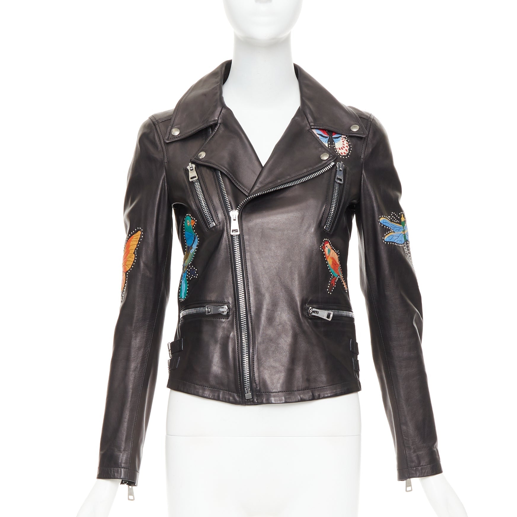 Women's Gucci Michele leather bird butterfly applique studded biker jacket