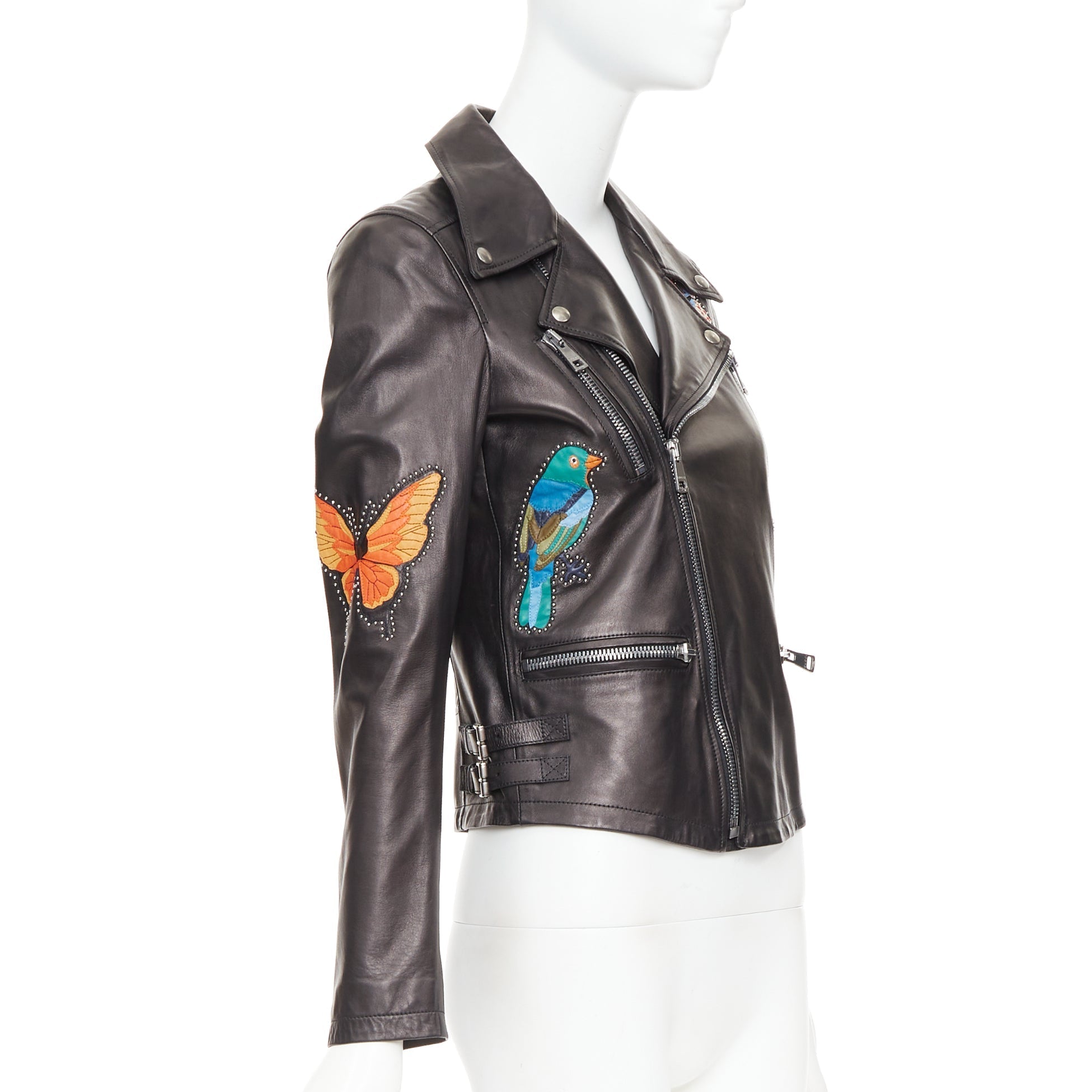 Women's Gucci Michele leather bird butterfly applique studded biker jacket