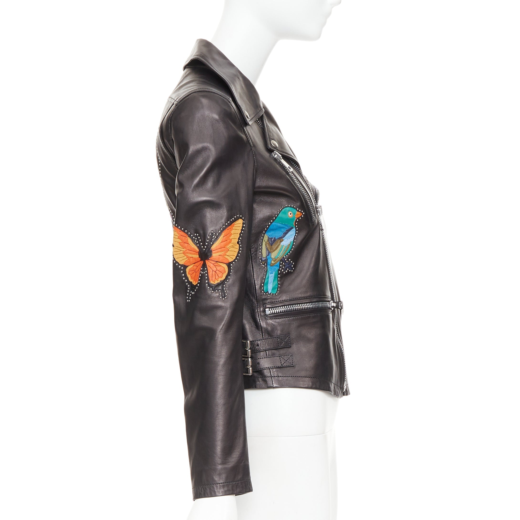 Women's Gucci Michele leather bird butterfly applique studded biker jacket