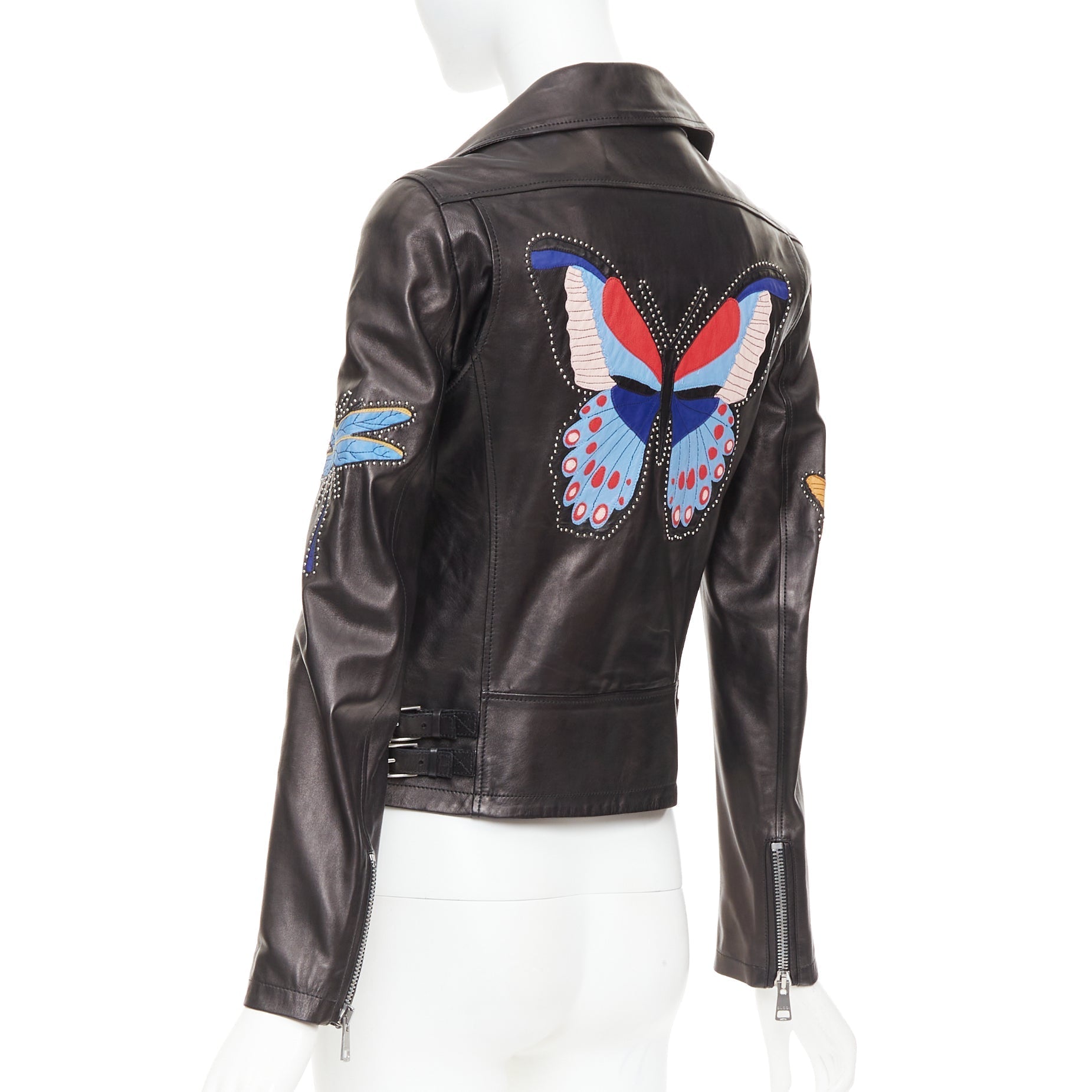 Women's Gucci Michele leather bird butterfly applique studded biker jacket