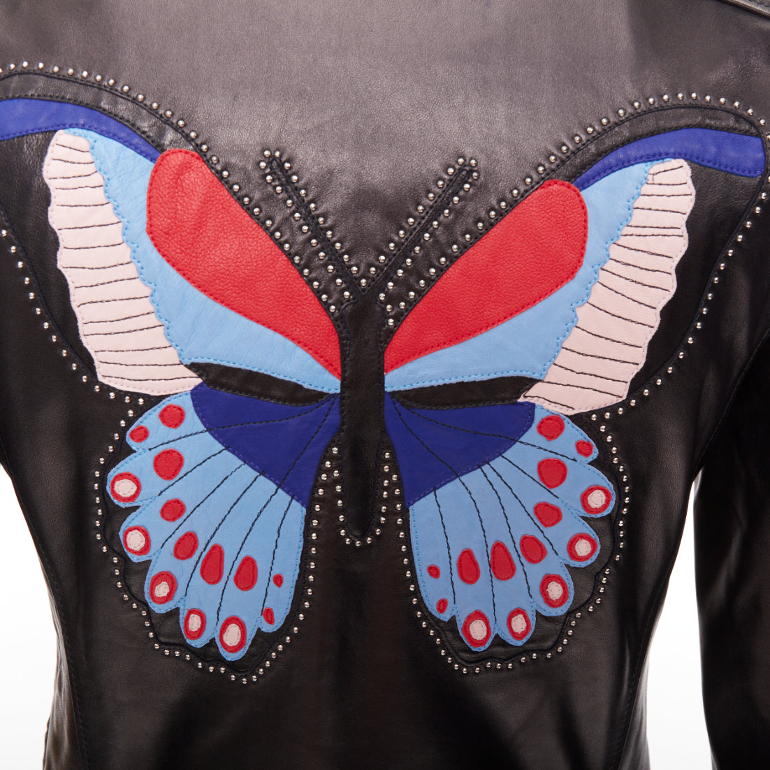 Women's Gucci Michele leather bird butterfly applique studded biker jacket