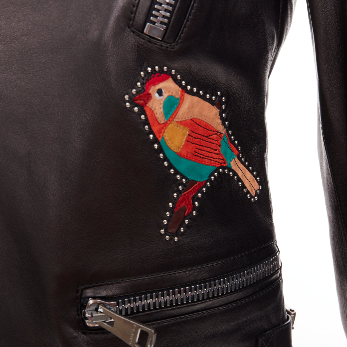Women's Gucci Michele leather bird butterfly applique studded biker jacket