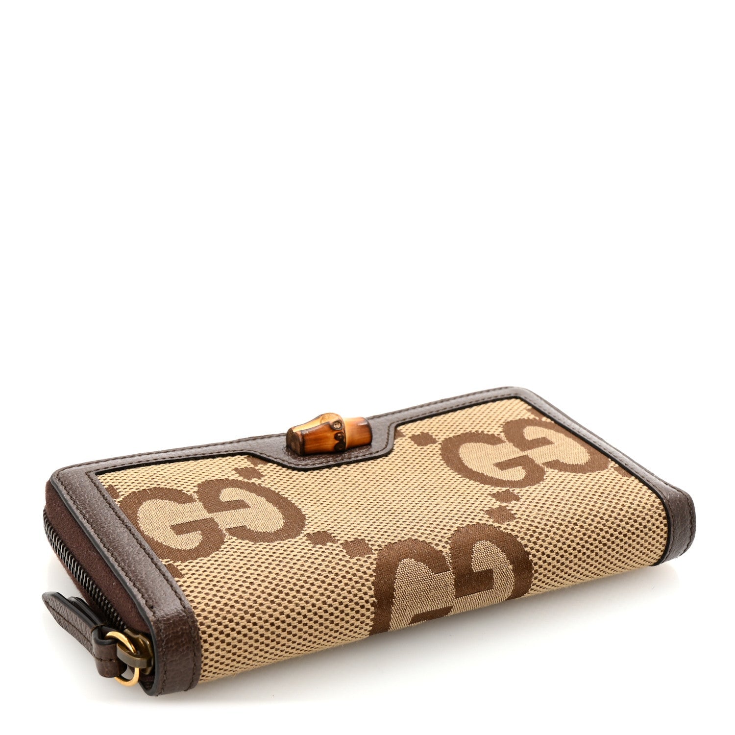 Monogram Jumbo GG Textured Dollar Calfskin Diana Zip Around Continental Wallet Camel Ebony New Acero