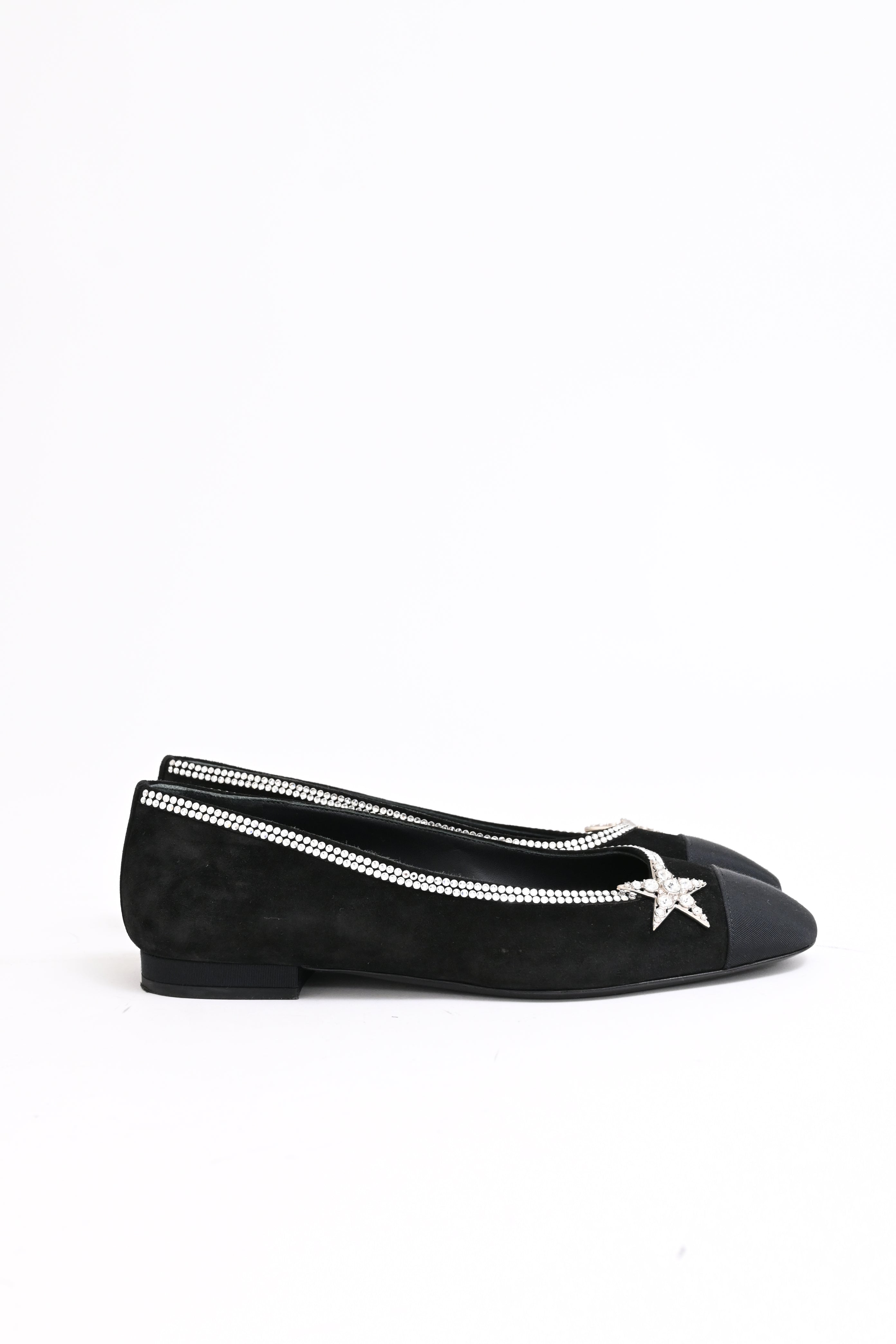Women's Chanel Cap Toe Star Ballet Flats in Black Suede