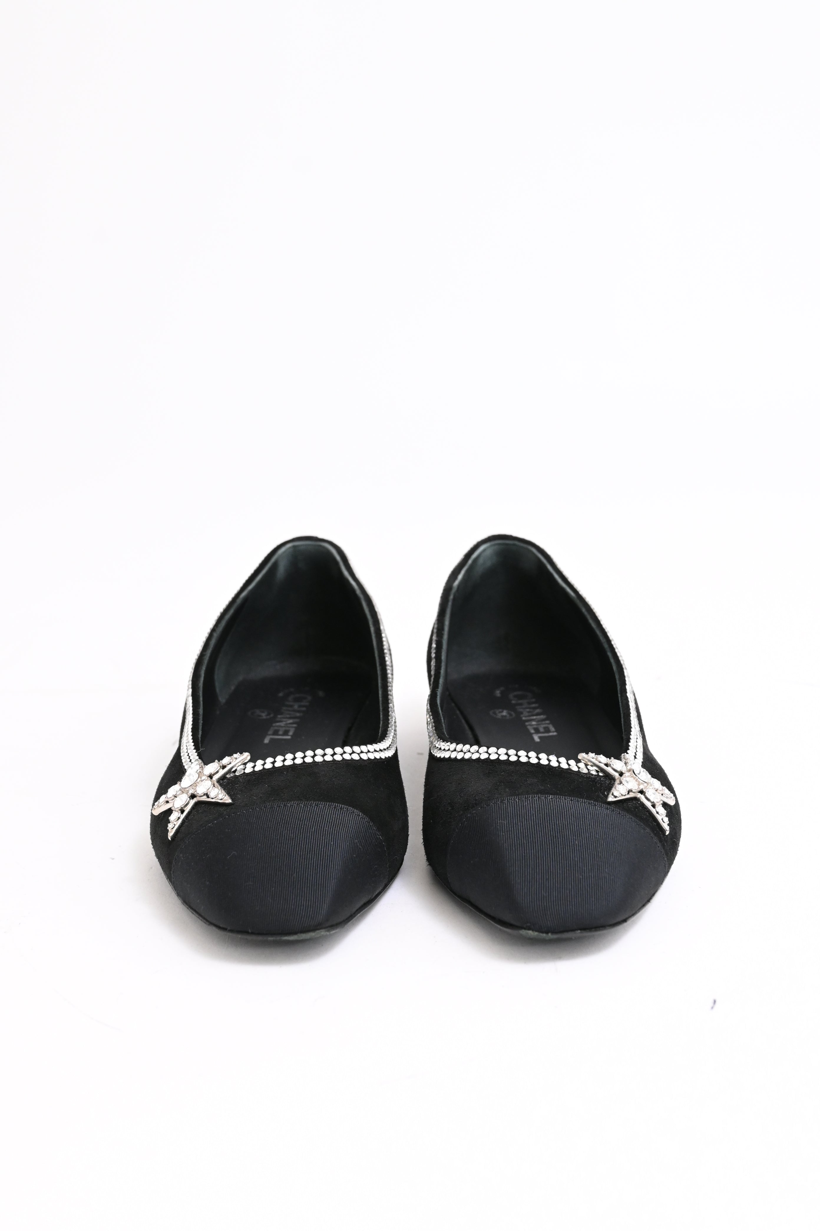 Women's Chanel Cap Toe Star Ballet Flats in Black Suede