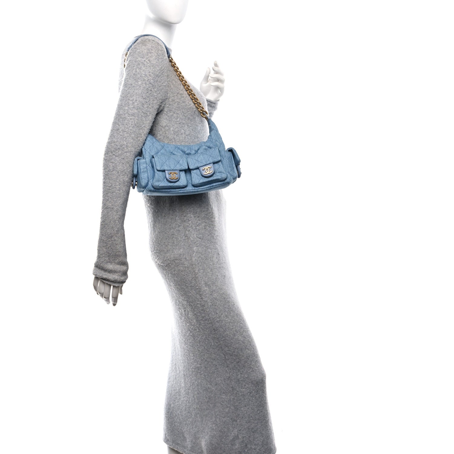 Washed Denim Quilted Large Trendy Pockets Hobo Blue
