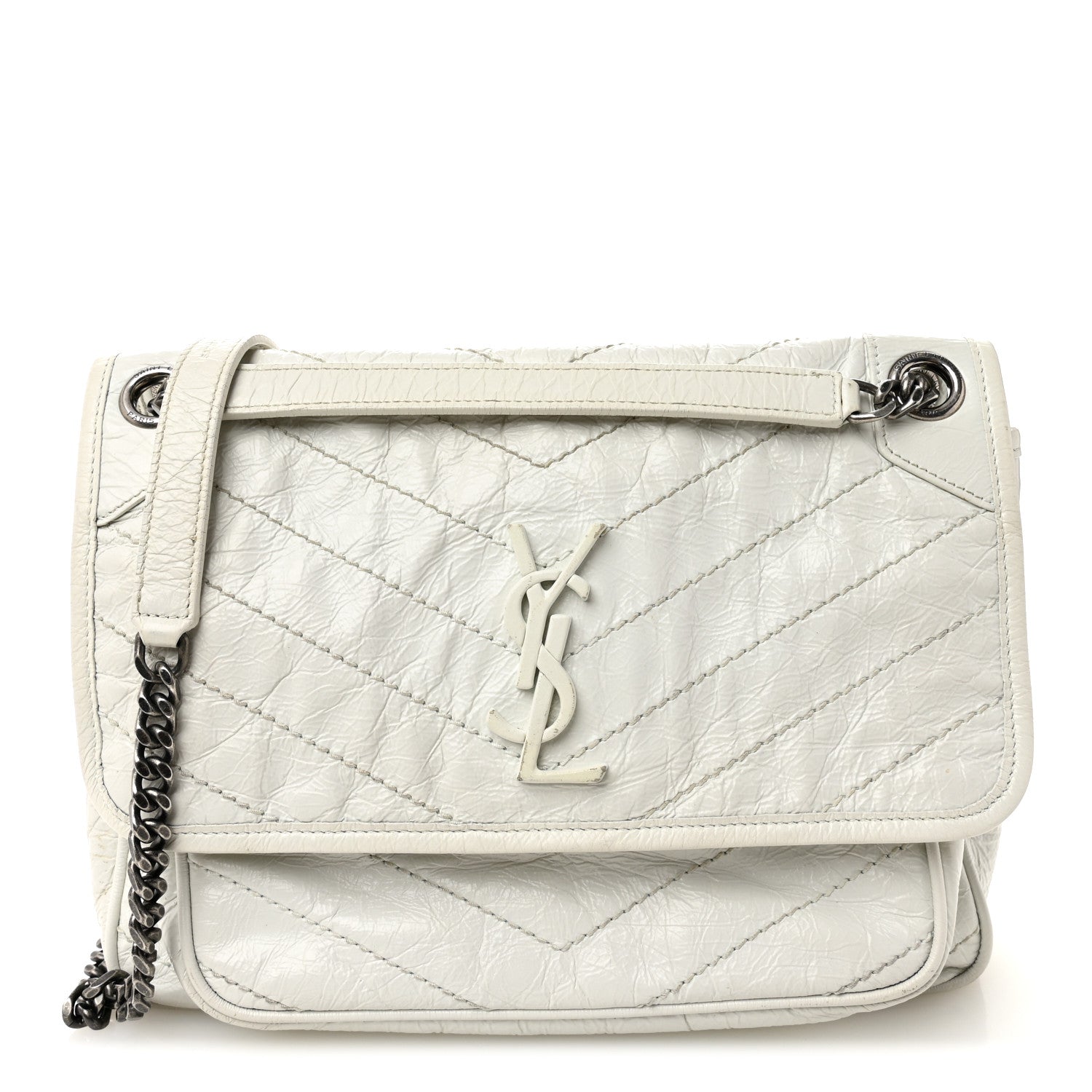 Crinkled Calfskin Matelasse Monogram Medium Niki Chain Satchel Dirty White