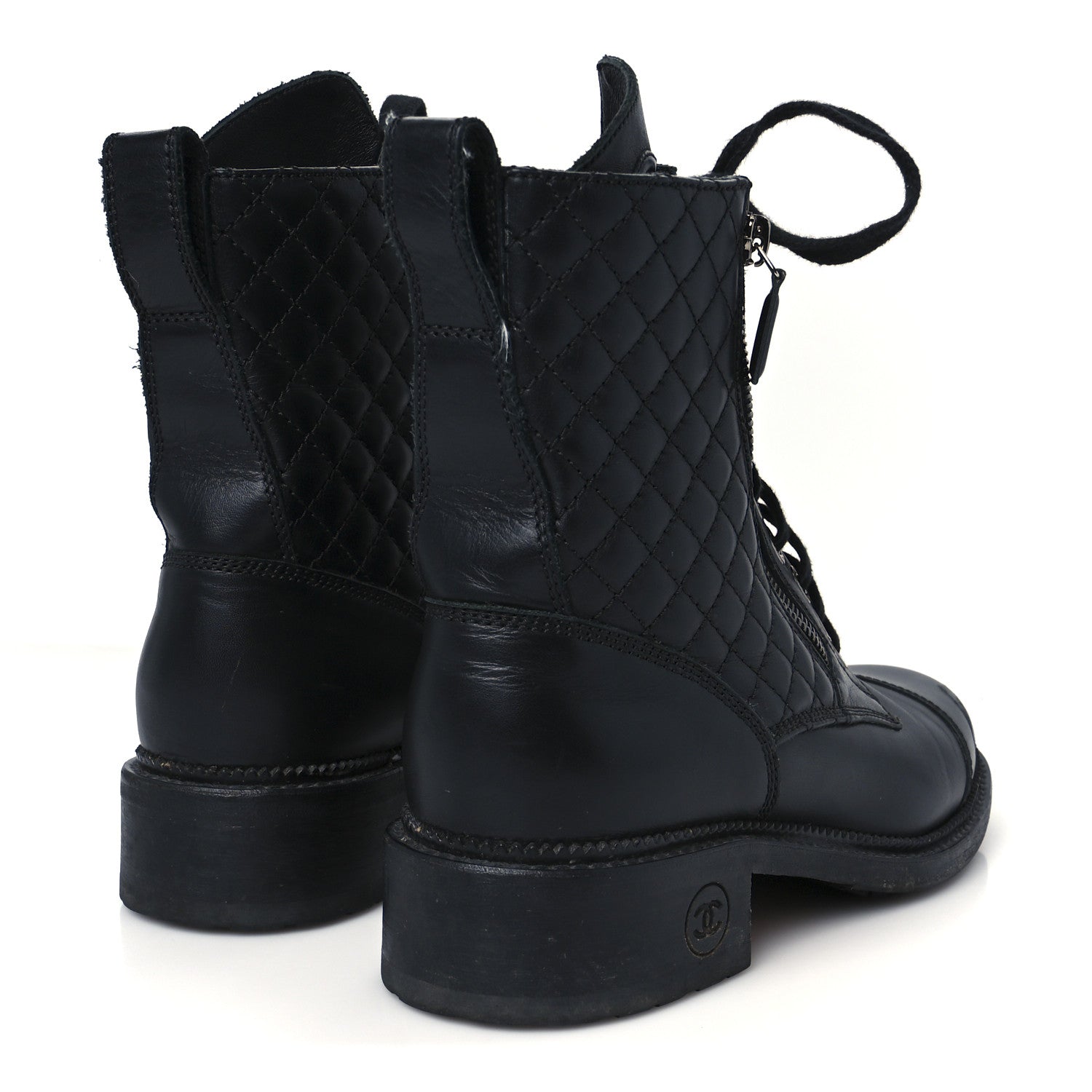 Calfskin Quilted Lace Up Combat Boots 39 Black