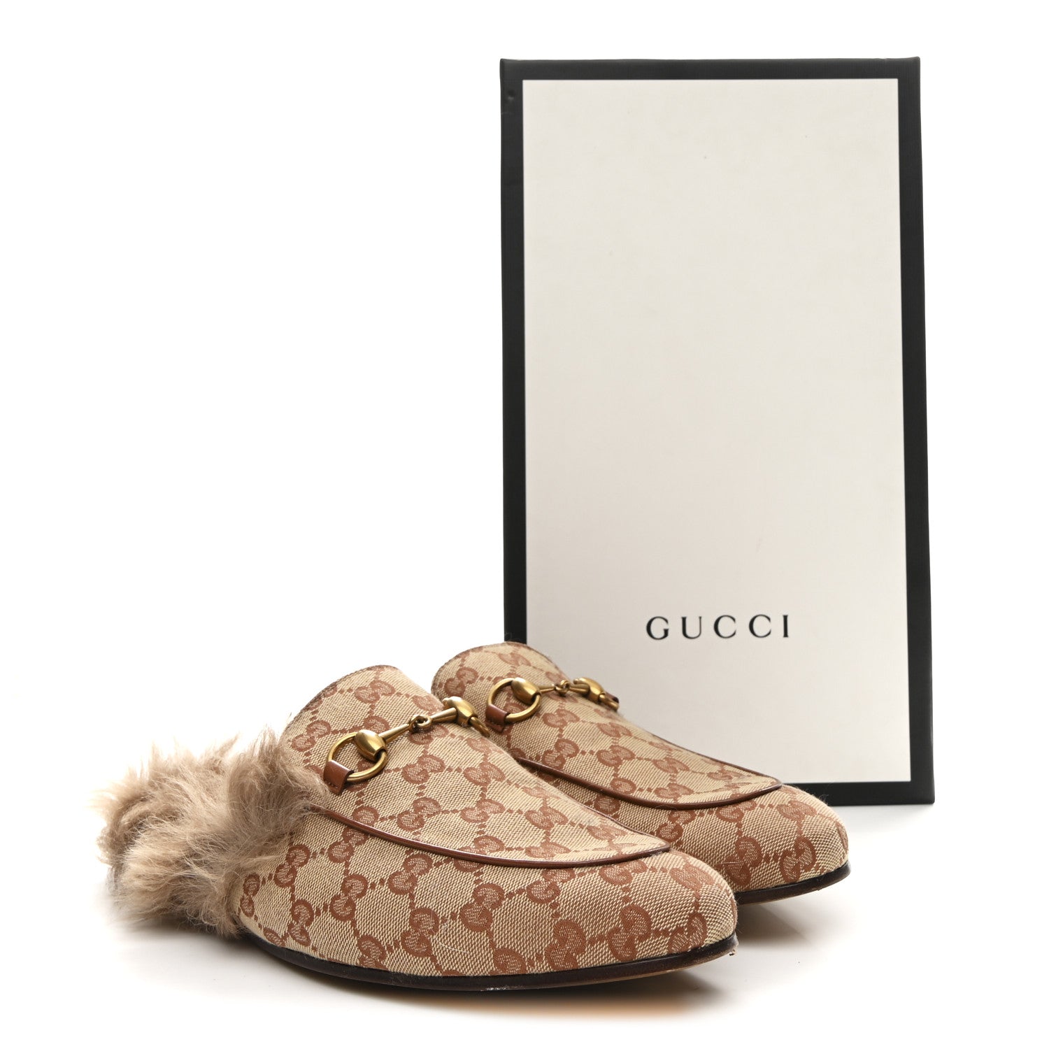 GG Monogram Fur Mens Princetown Slippers 9 Beige Ruggine Rust