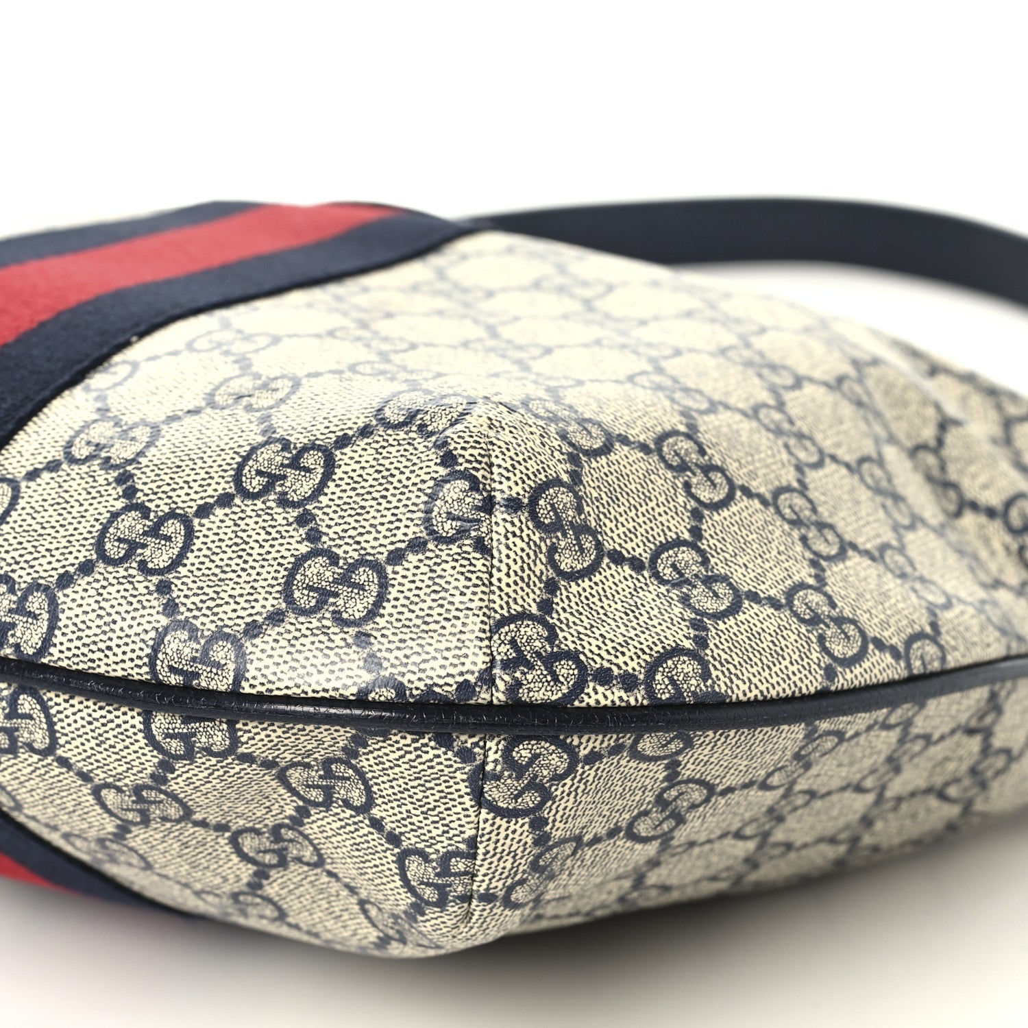 GG Supreme Monogram Textured Dollar Calfskin Web Small Ophidia Half Moon Hobo Beige Blue