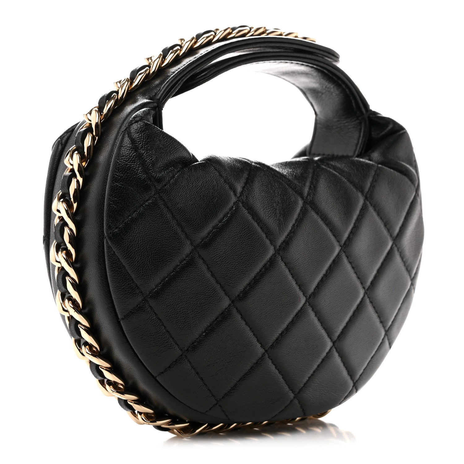 Lambskin Quilted Chain Around Pouch Hobo Black
