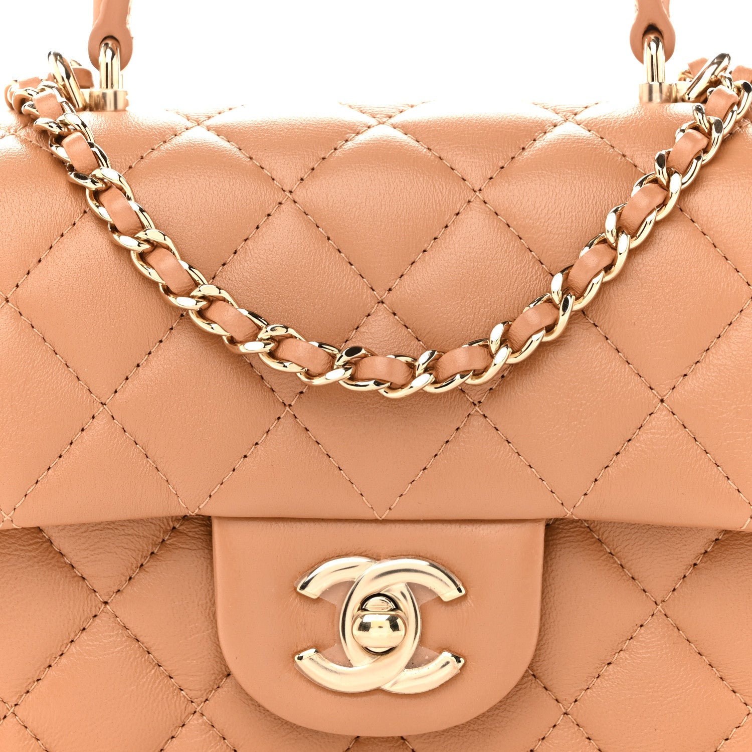 Lambskin Quilted Mini Top Handle Rectangular Flap Dark Beige