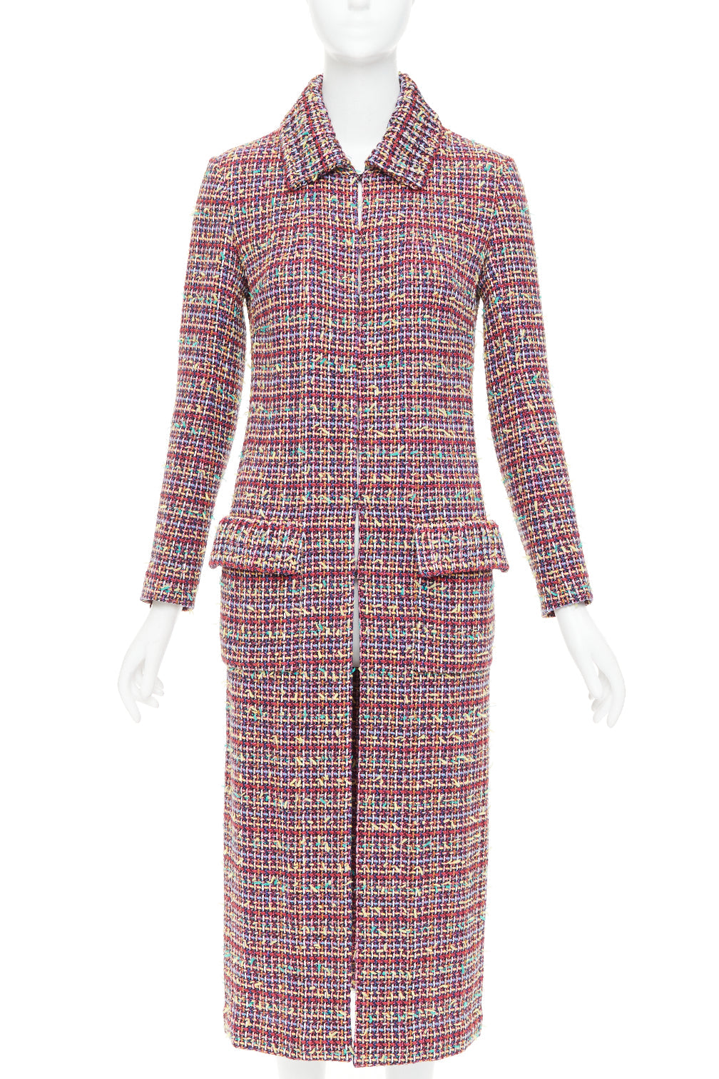 Women's Chanel Runway wool blend tweed flap pockets long coat