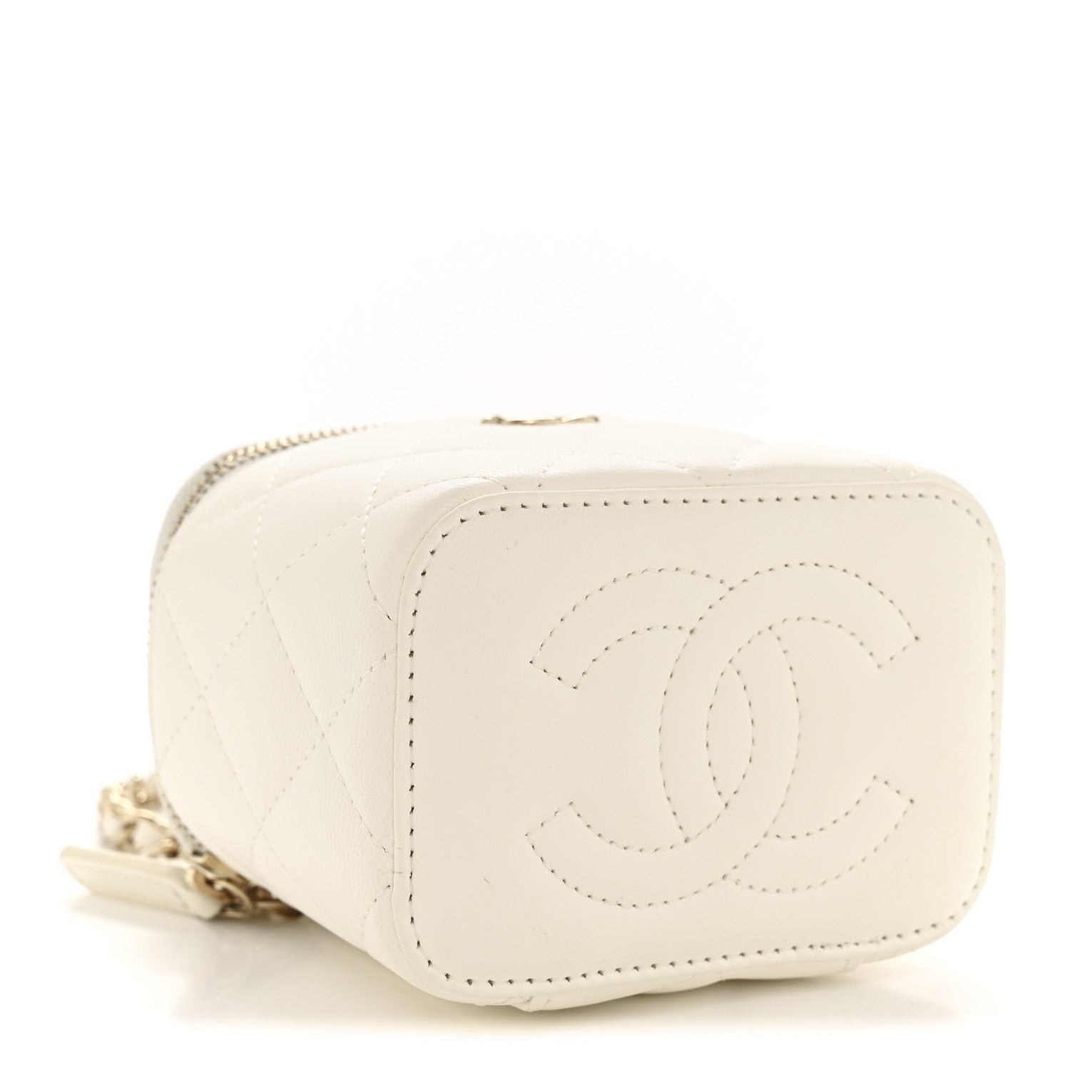Lambskin Quilted Enamel Pearl Crush Mini Vanity Case With Chain White
