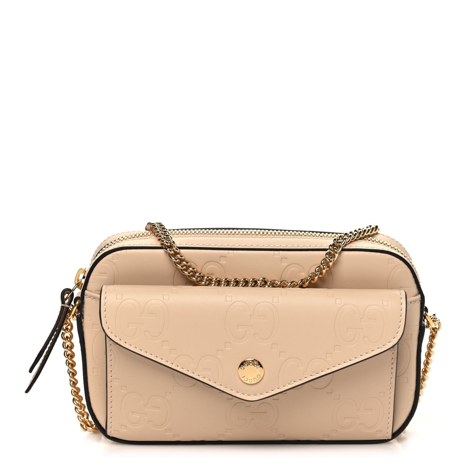 Calfskin GG Super Mini Debossed Chain Wallet Light Beige