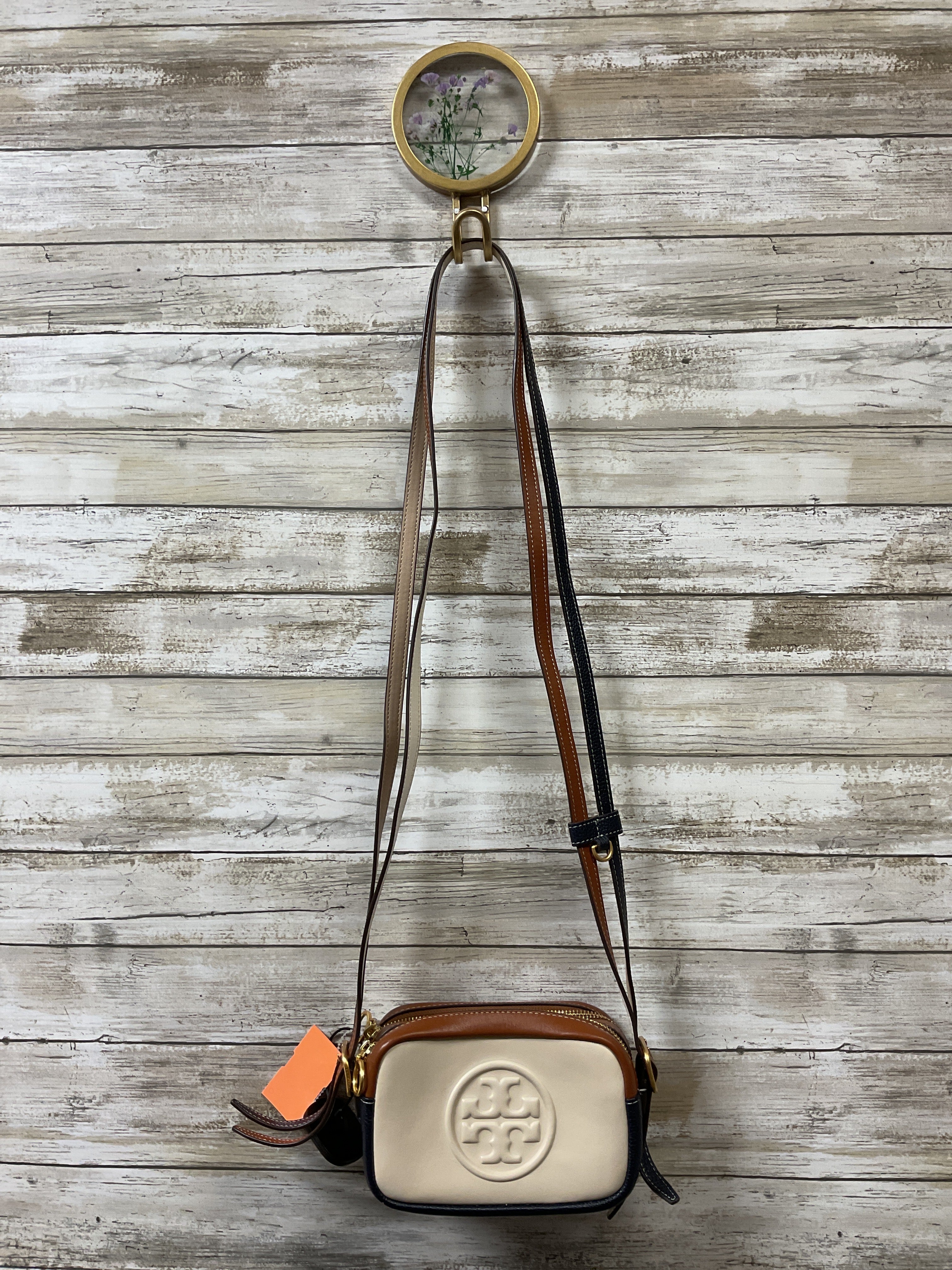 Crossbody Designer By Tory Burch In Brown & Cream, Size:Small