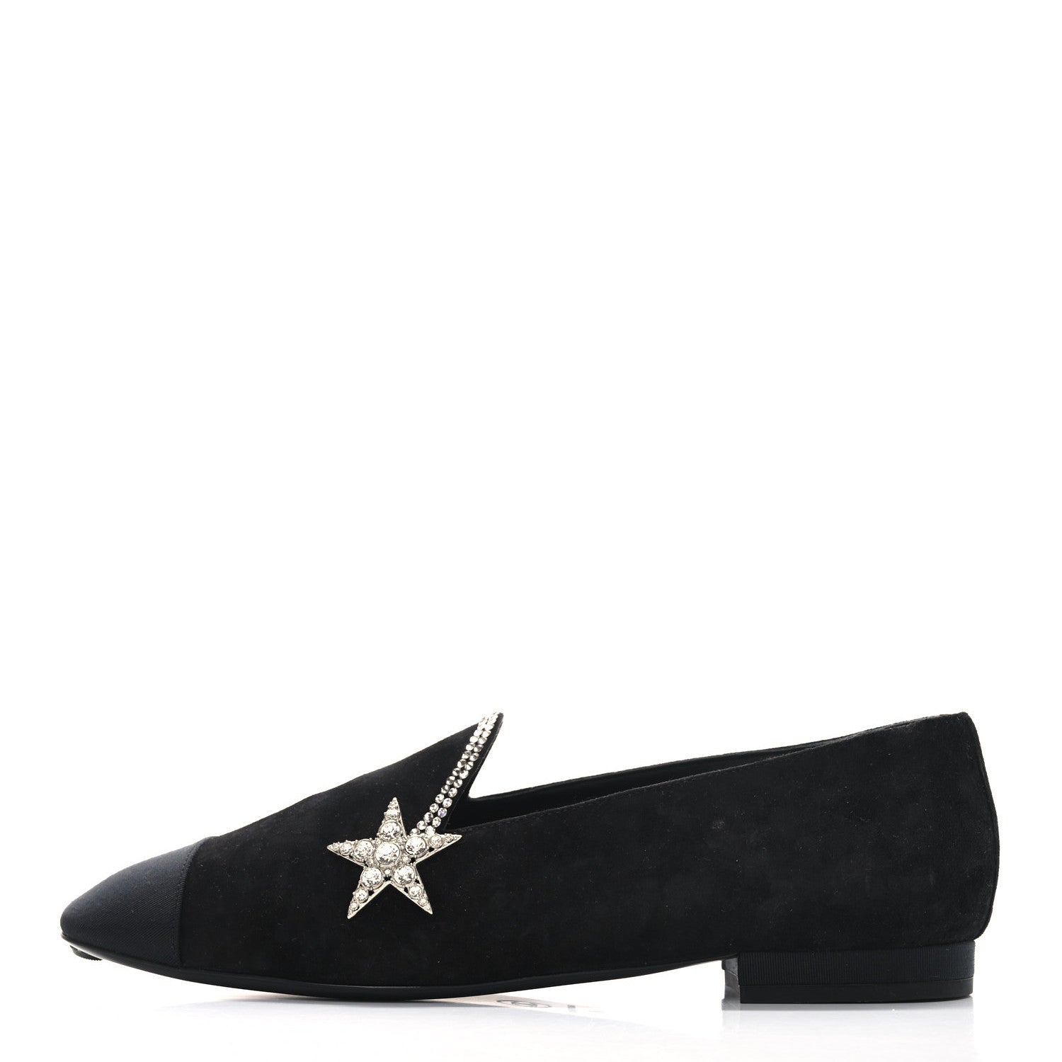 Suede Calfskin Grosgrain Crystal Star Mocassin Loafers 38 Black