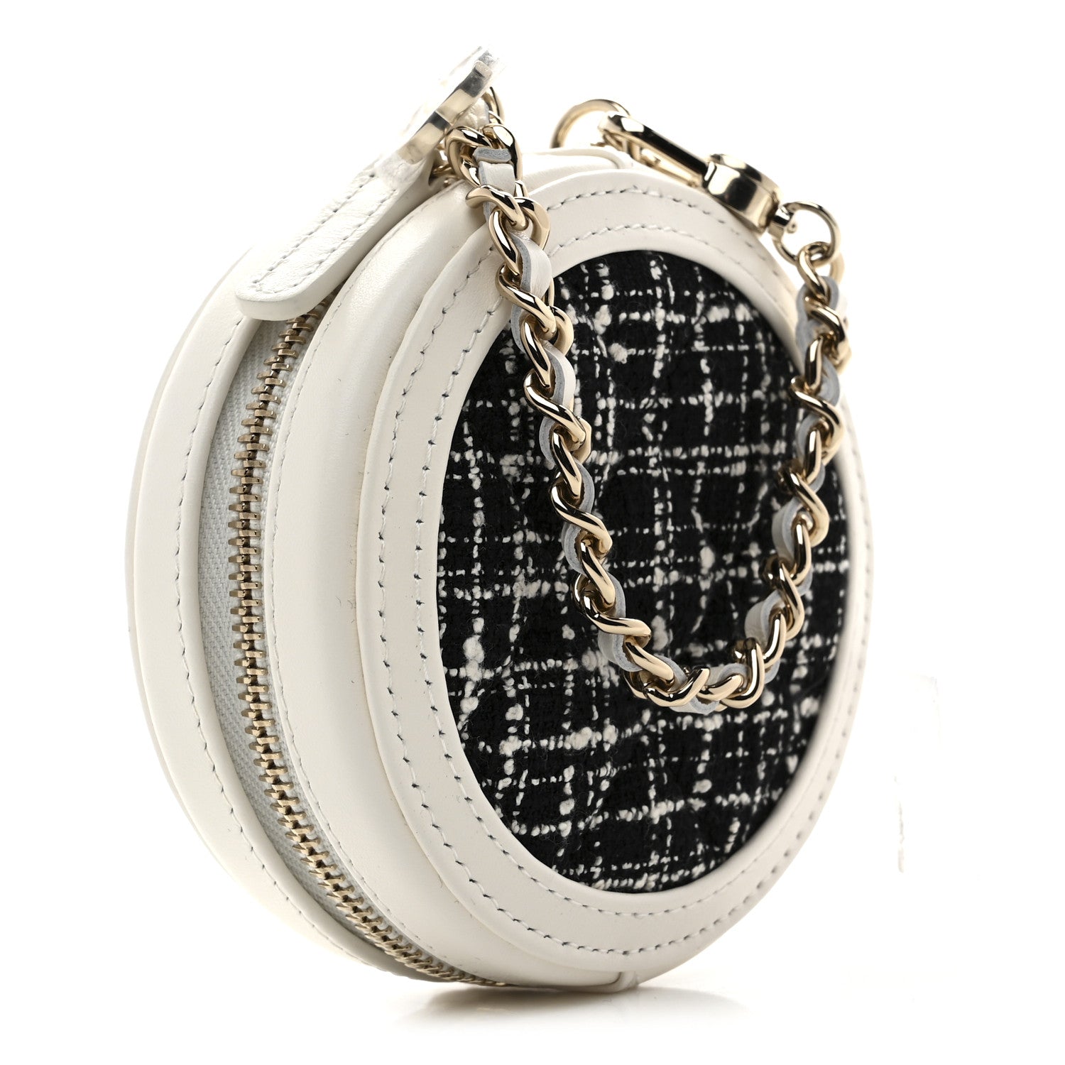 Tweed Quilted Round Filigree Pouch With Chain White Black