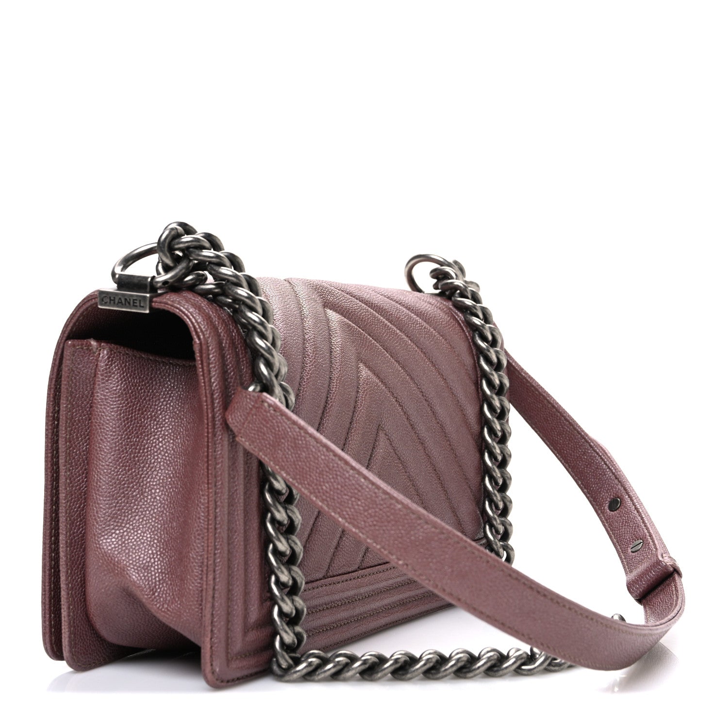 Metallic Caviar Chevron Quilted Medium Boy Flap Dark Pink