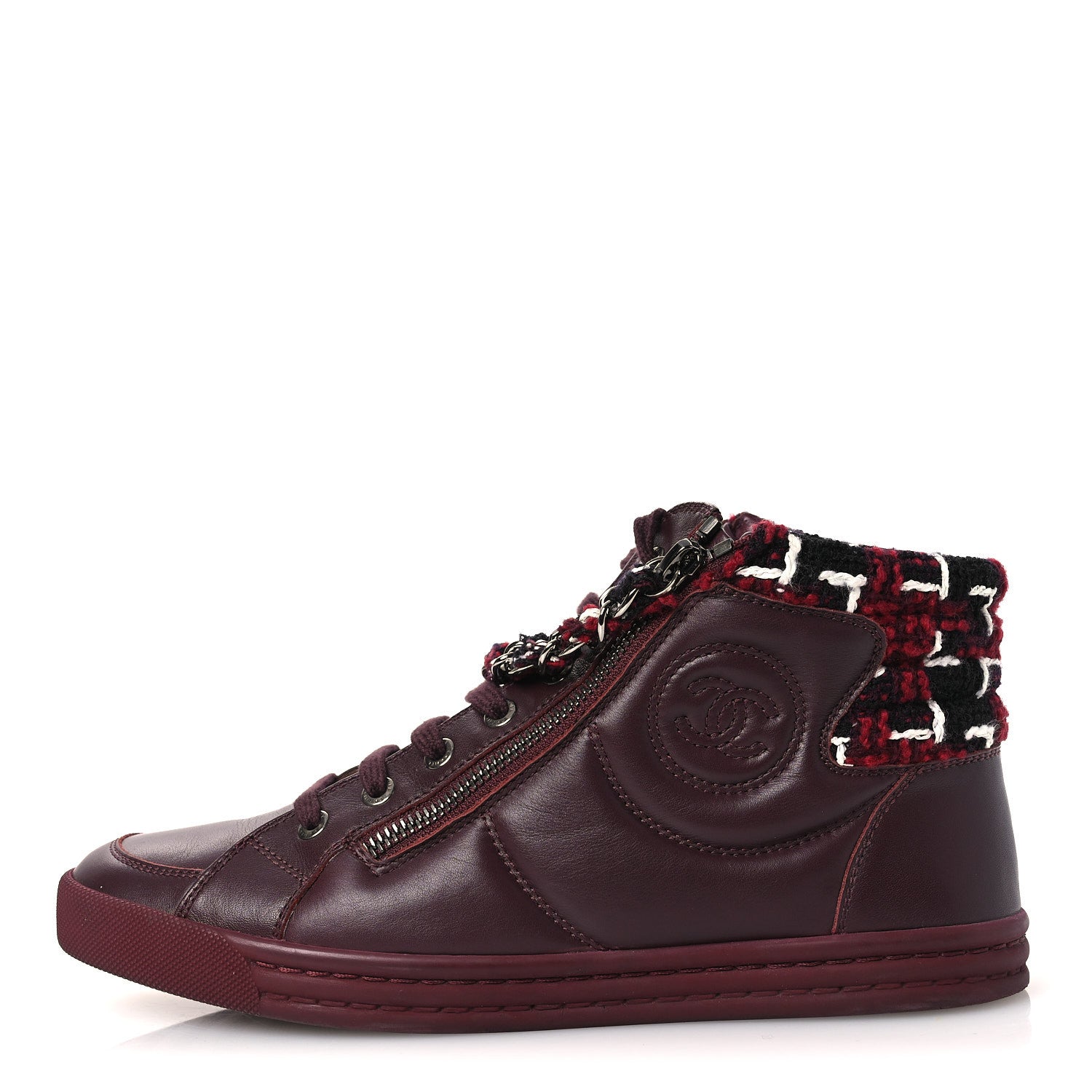Lambskin Zipped Chain CC Sneakers 38.5 Burgundy